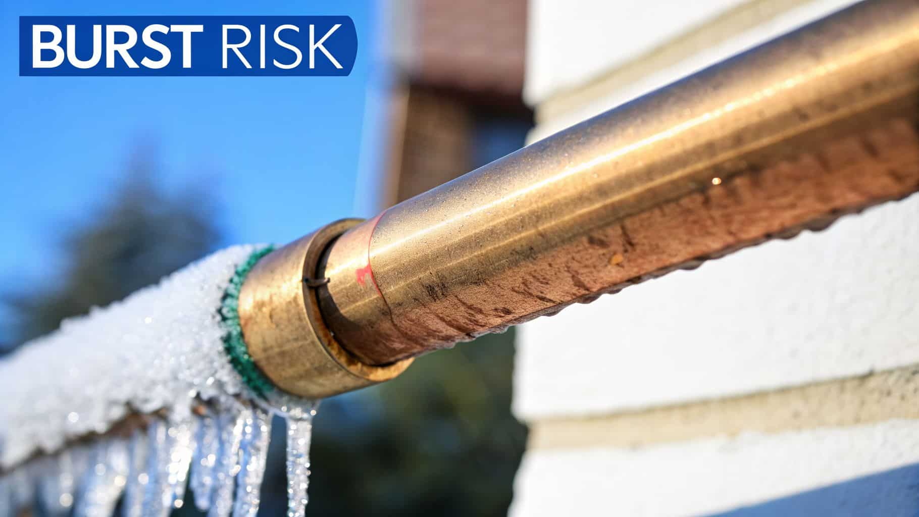 A close-up of a metal pipe covered in ice and icicles, with 'BURST RISK' text.