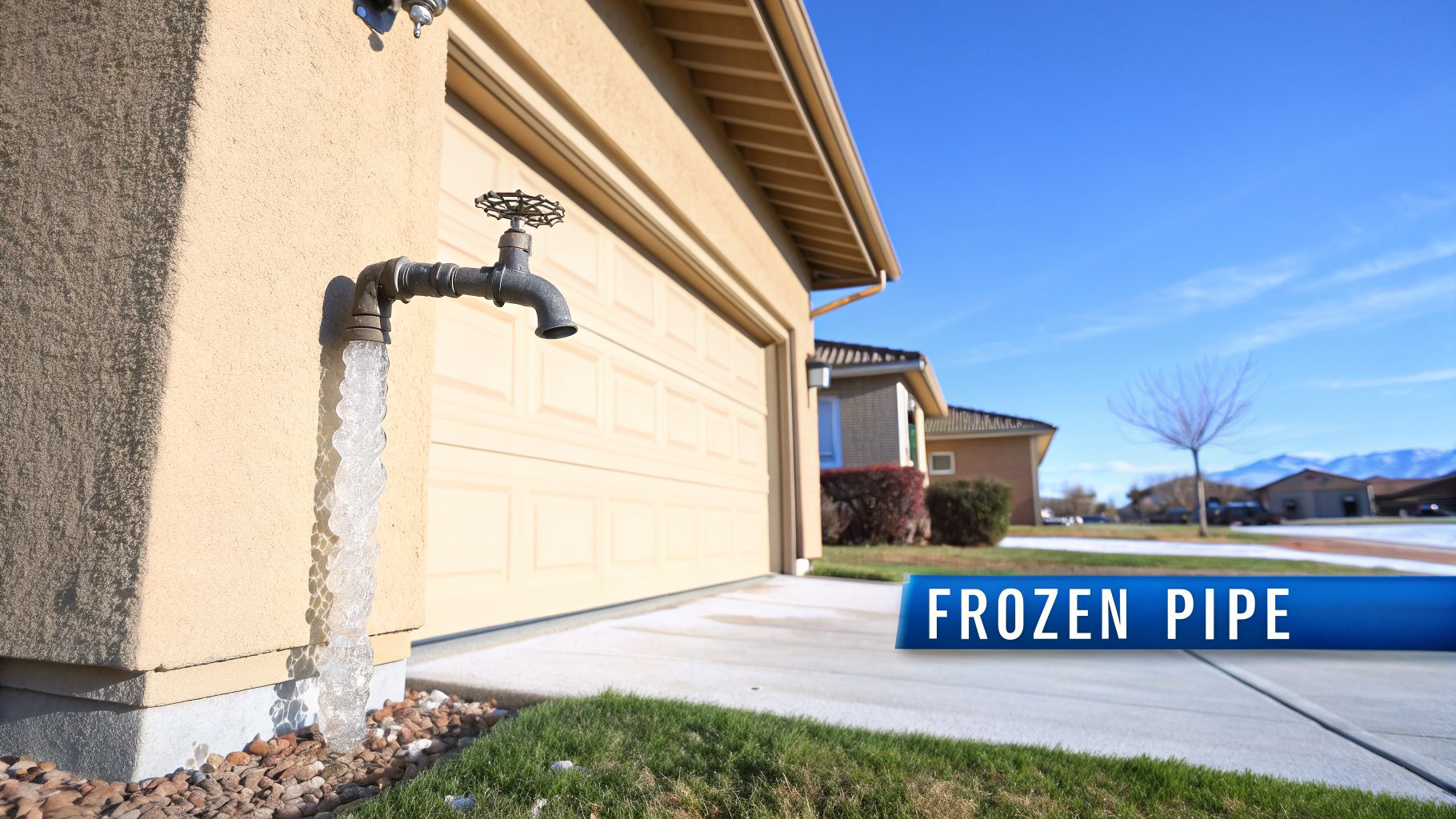 A frozen outdoor water tap with a long icicle on a house wall under a clear blue sky.