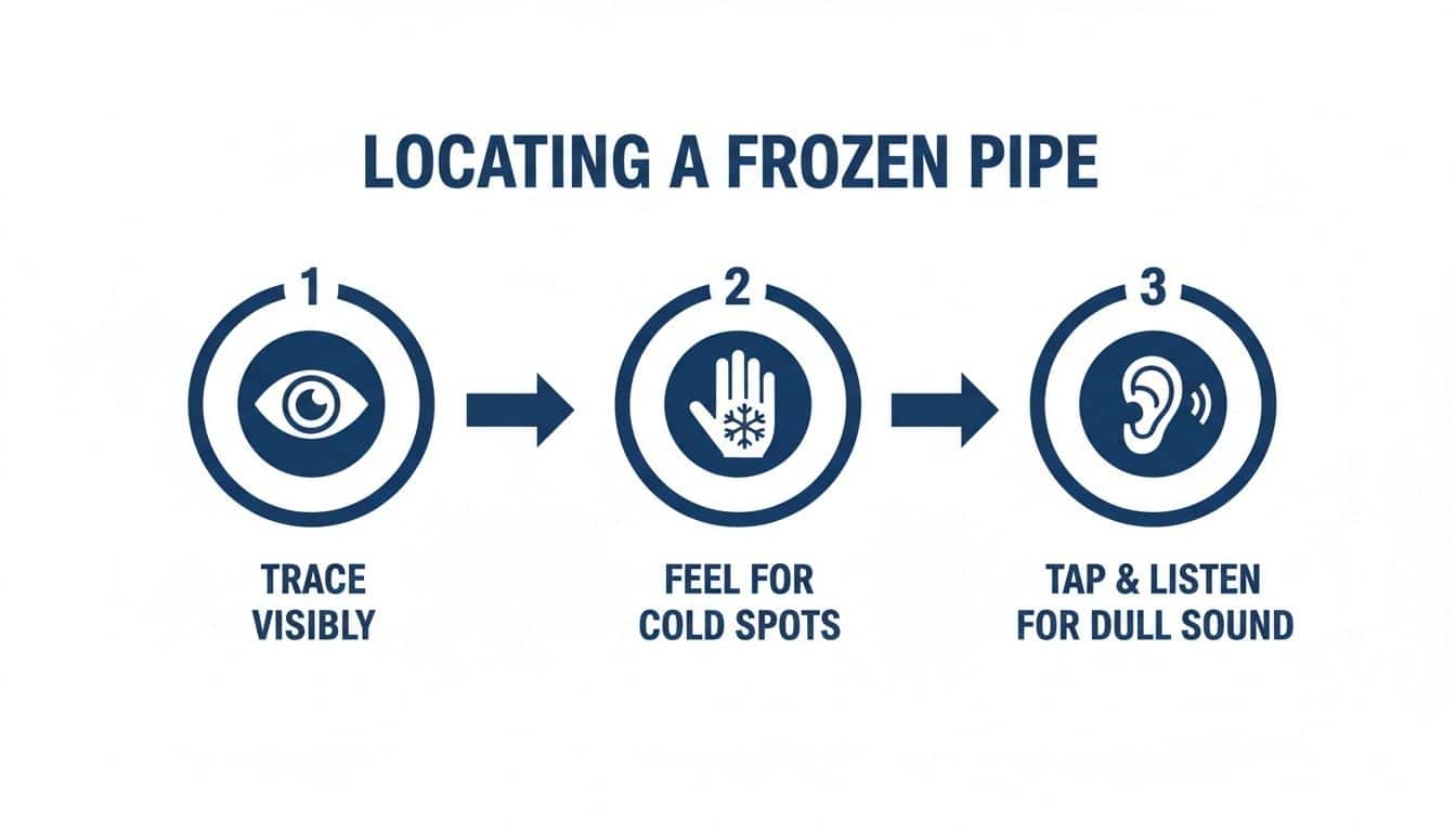 A 3-step guide on locating a frozen pipe, including tracing, feeling for cold, and listening.
