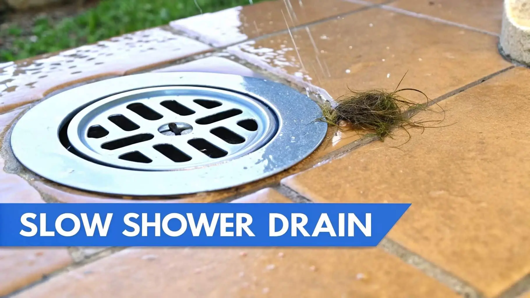 A close-up of a slow shower drain with a metal grate, dripping water, and a clump of hair and debris.