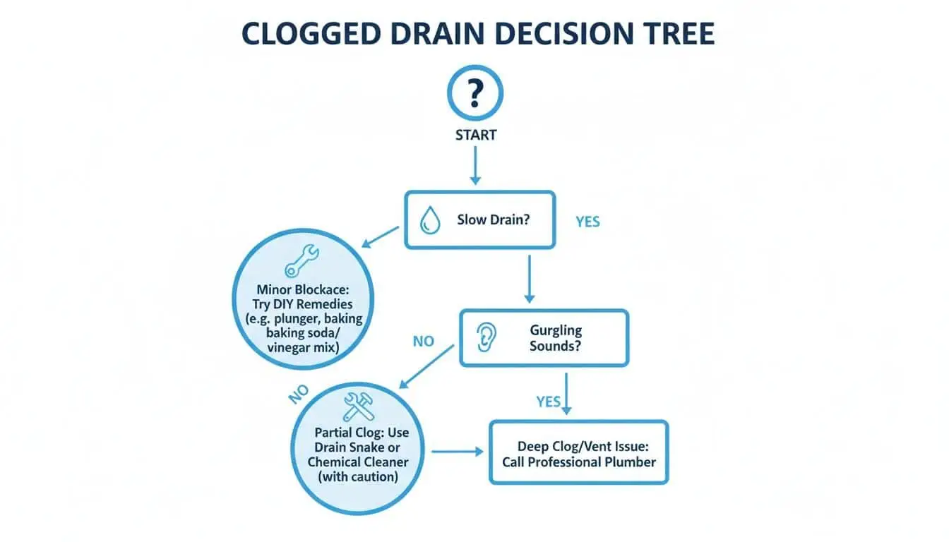 Decision tree flowchart for troubleshooting clogged drains, guiding users from slow drain to professional plumber.