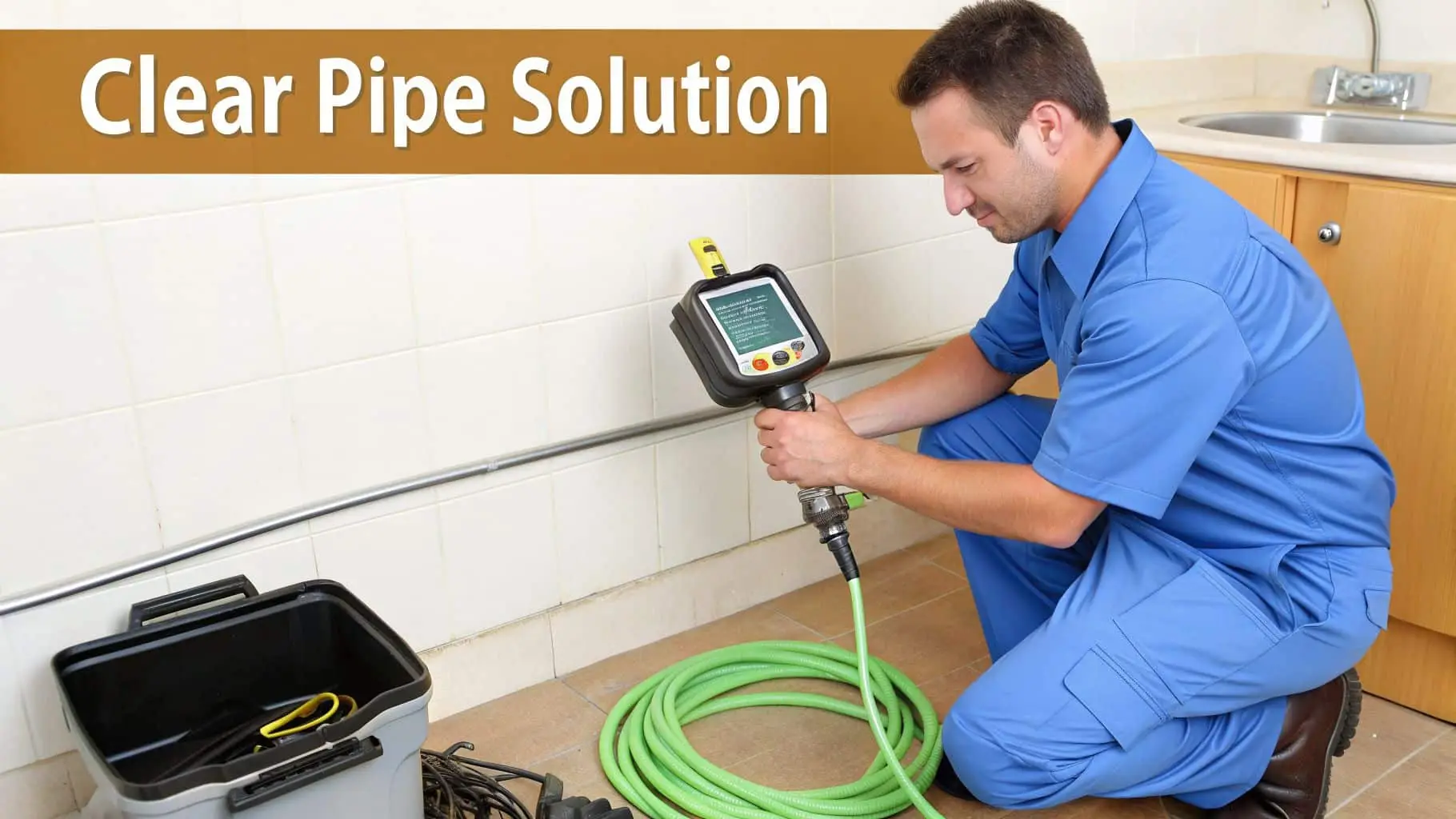 A man in blue workwear uses a pipe inspection camera to clear a drain in a tiled room.