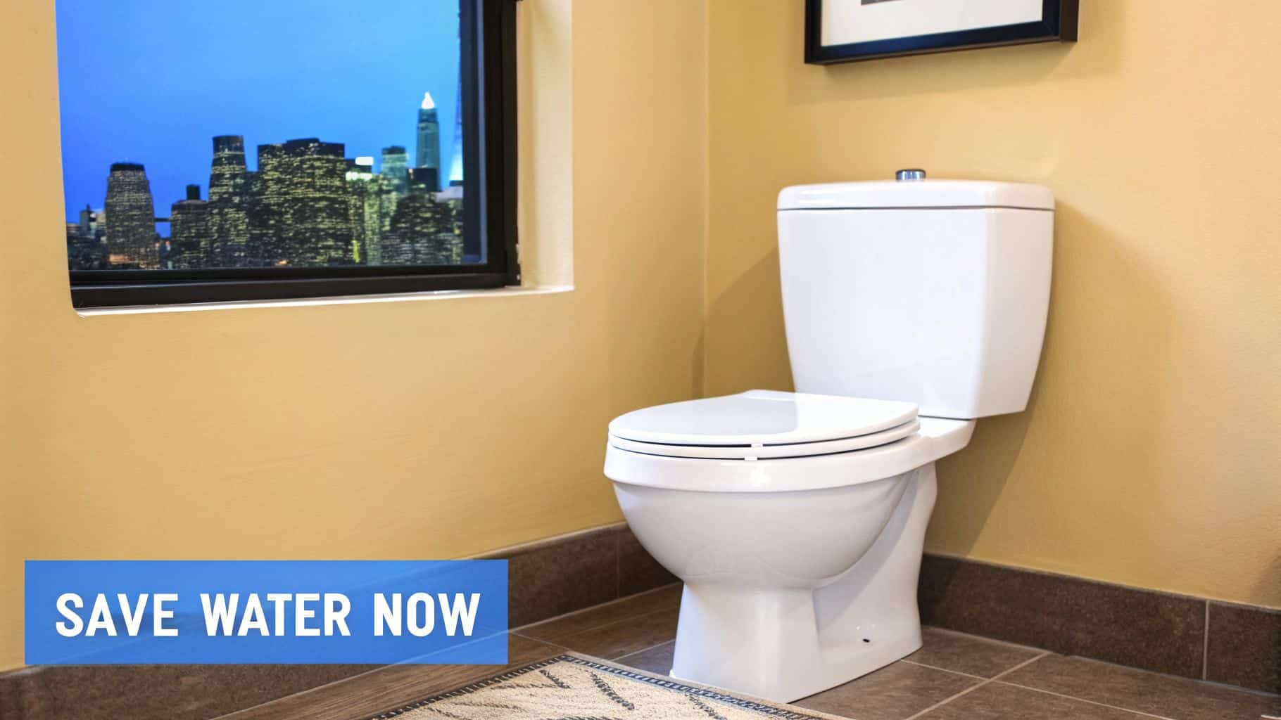 White toilet in a modern bathroom with a window overlooking a city skyline at night.