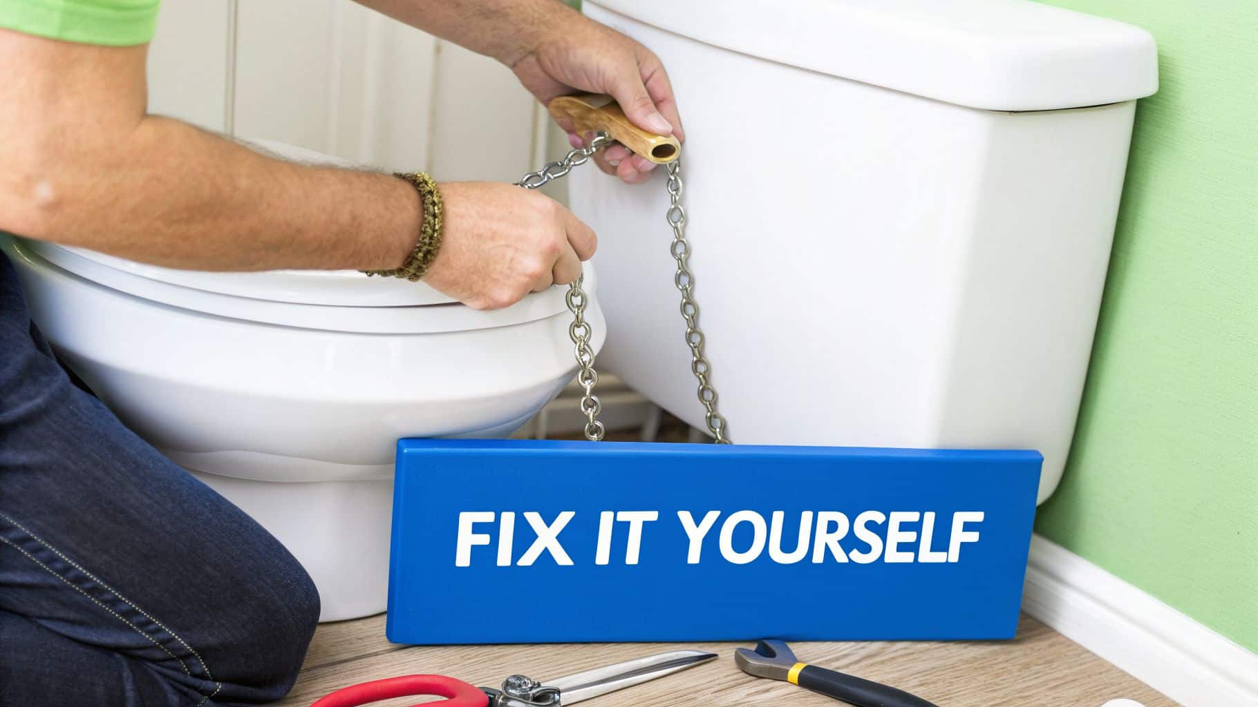 A person's hands repair a toilet, with a blue 'FIX IT YOURSELF' sign displayed in front.