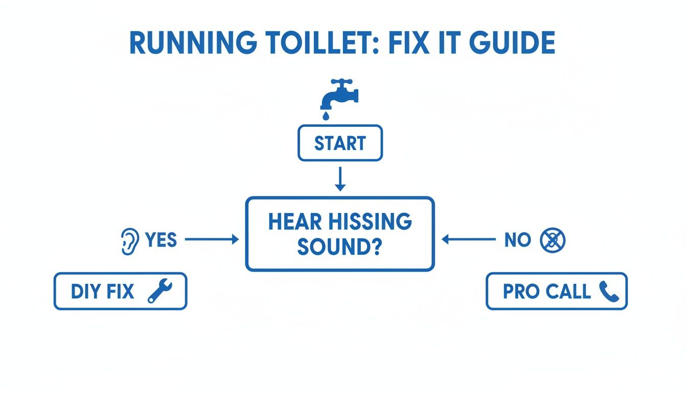 Flowchart guiding how to fix a running toilet: start, hear hissing sound, leading to DIY fix or pro call.