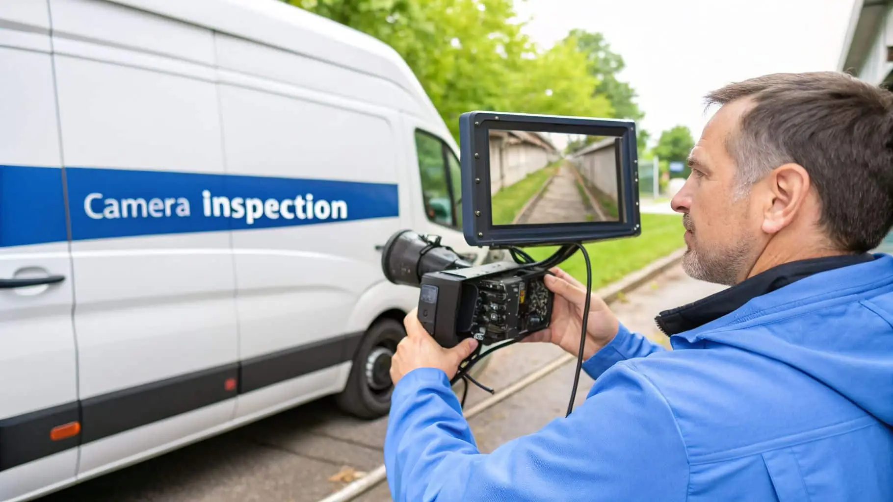 A man operates a specialized camera for pipe inspection, viewing results on a monitor, next to a white service van.