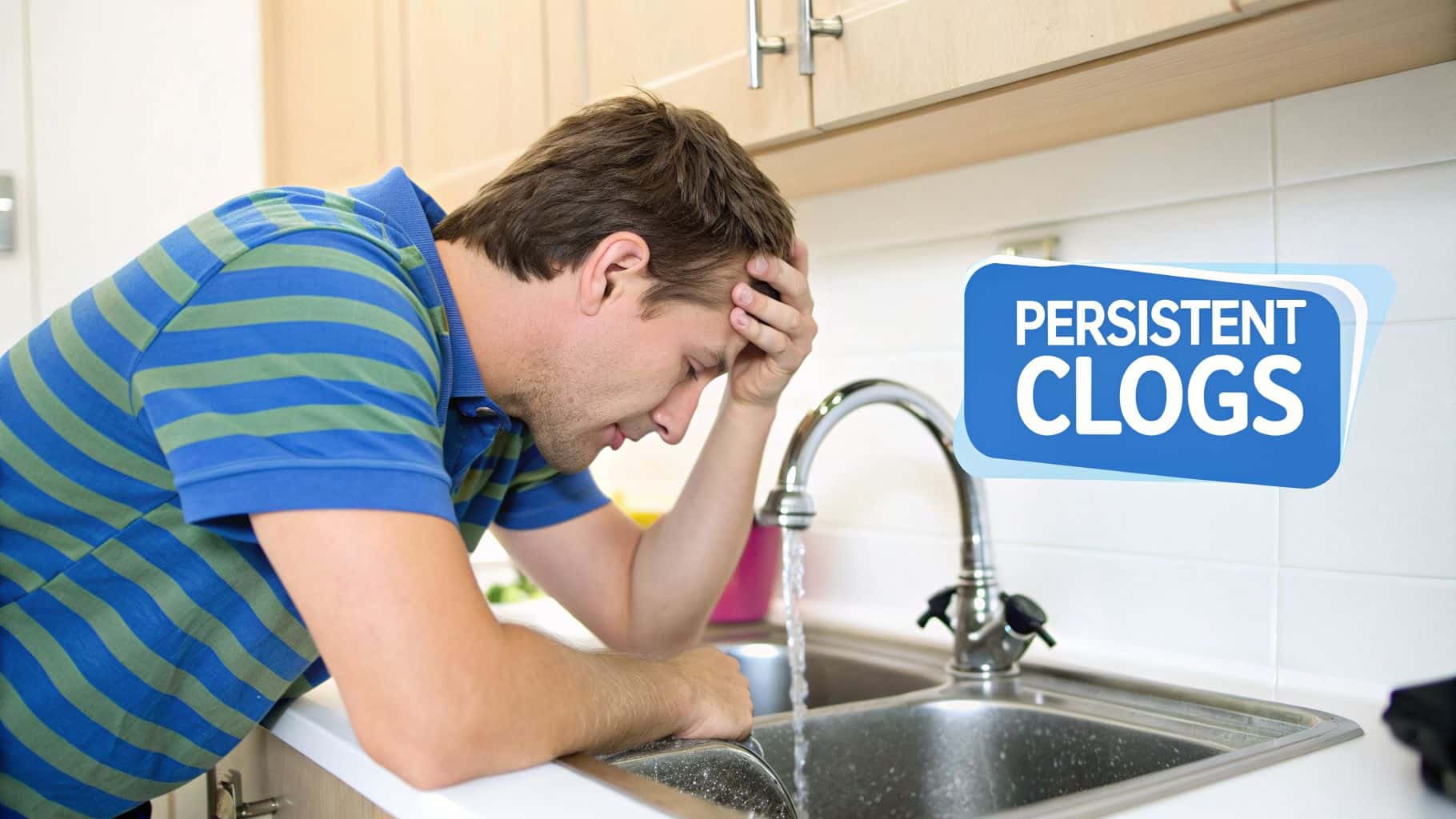 A man looks frustrated and stressed over a kitchen sink with water running, near a "PERSISTENT CLOGS" graphic.