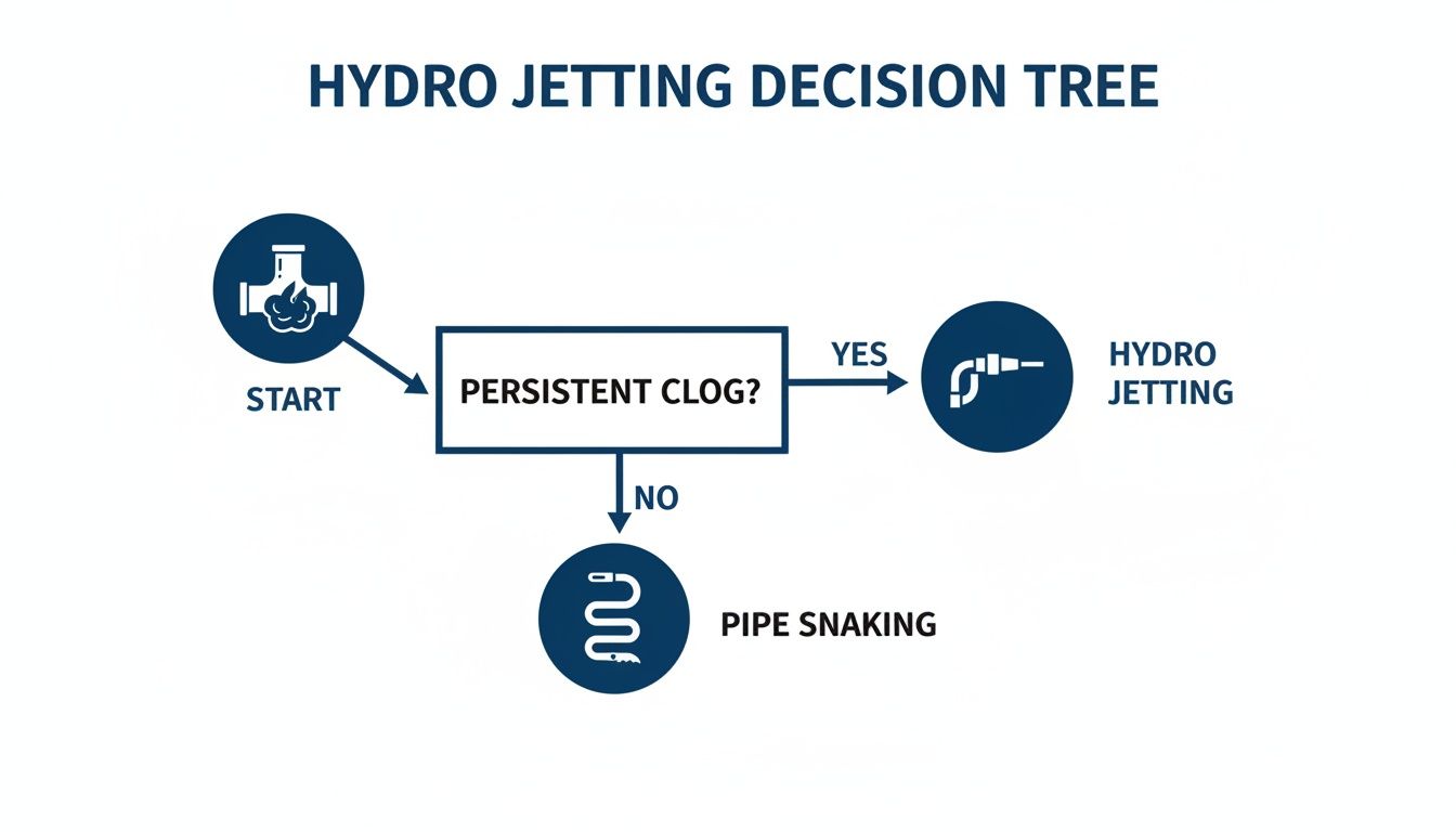 A hydro jetting decision tree flowchart showing steps to address persistent clogs or typical pipe blockages.