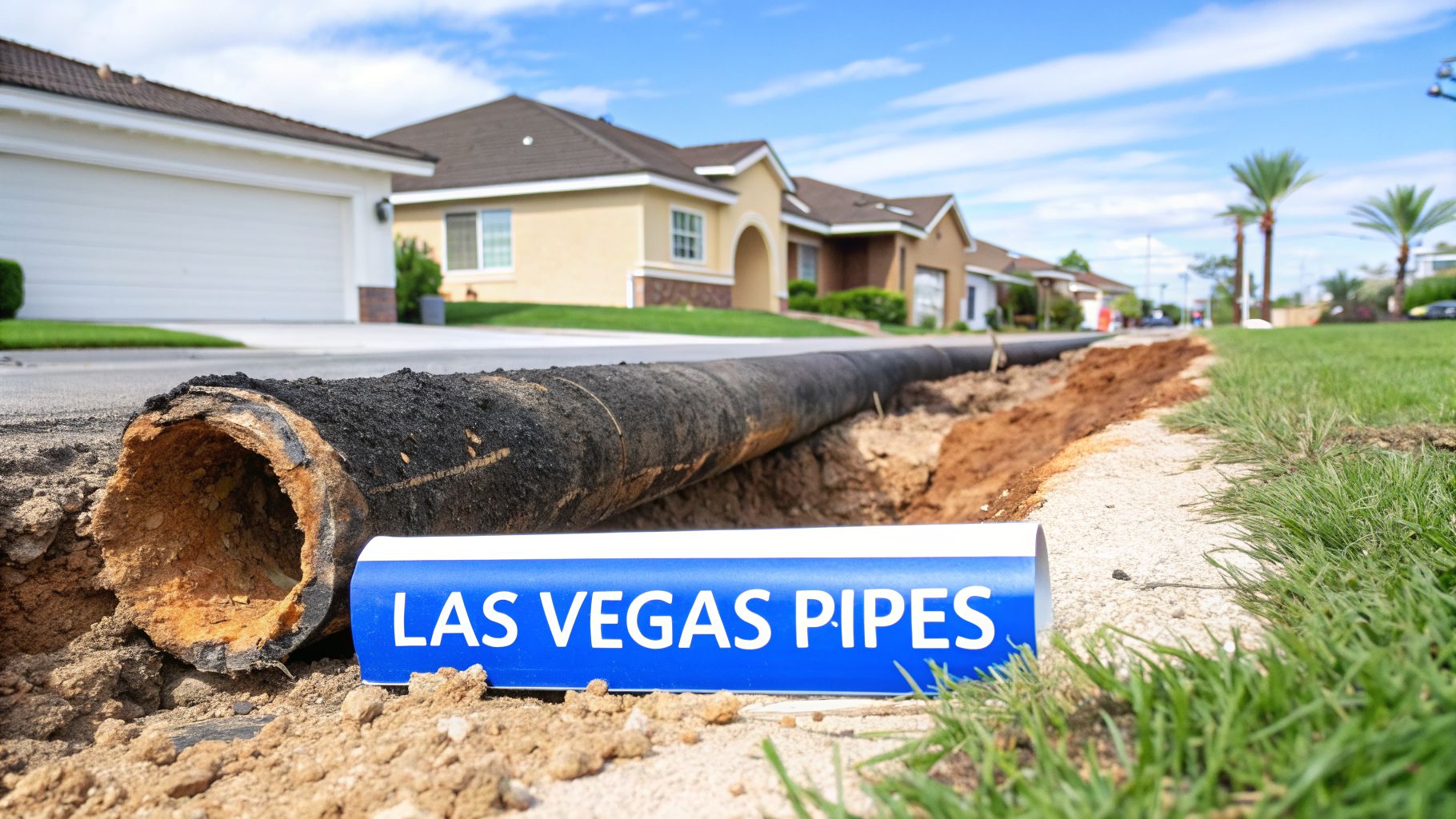 An old, corroded pipe exposed in a trench next to a street in a residential area, with a 'LAS VEGAS PIPES' sign.