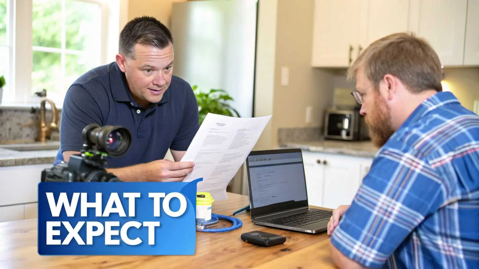 Two men discuss documents while one looks at a laptop, with a camera set up.