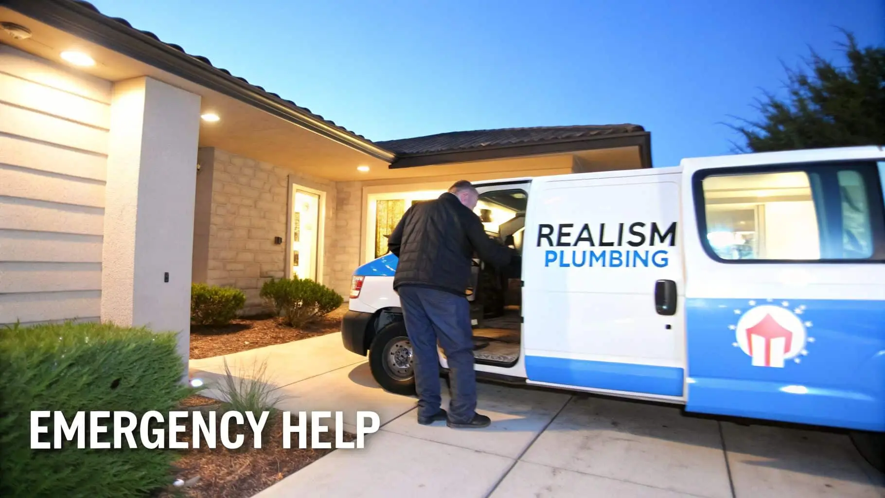 A plumber retrieves tools from a Realism Plumbing van at night in front of a house.