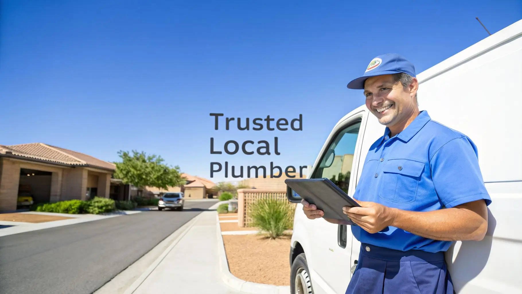 A friendly plumber in a blue uniform leans on his white van, holding a tablet, under a clear blue sky.