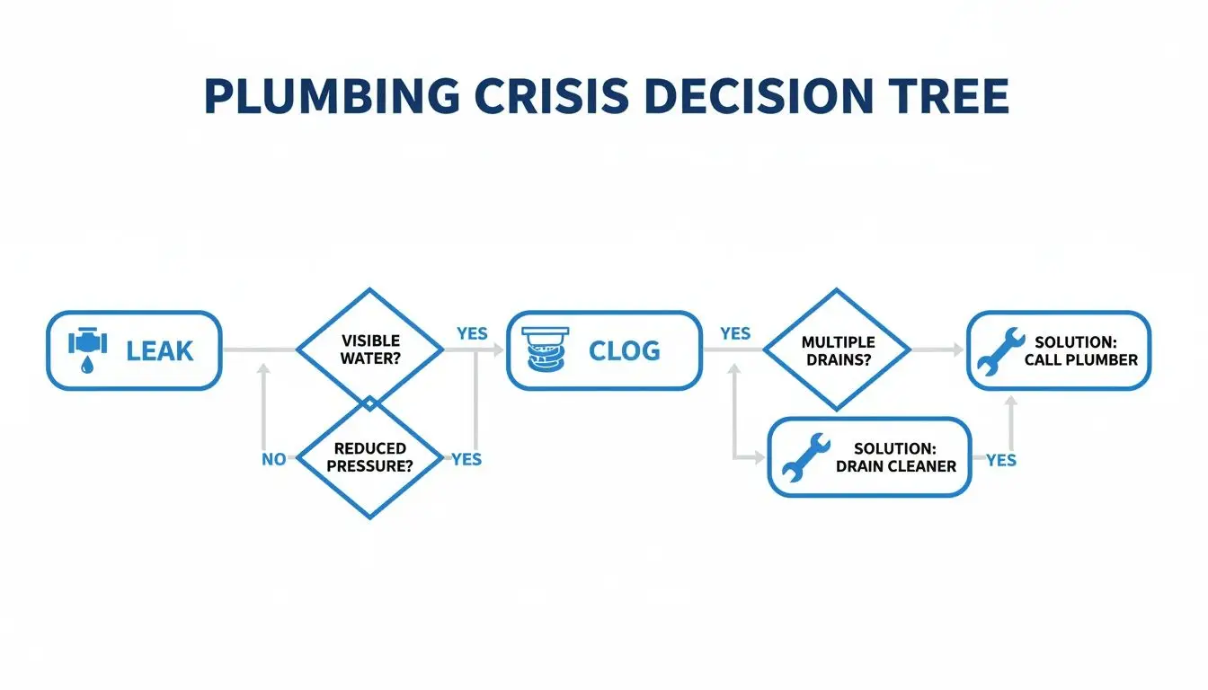 Plumbing crisis decision tree flowchart guiding troubleshooting for leaks and clogs to find solutions.