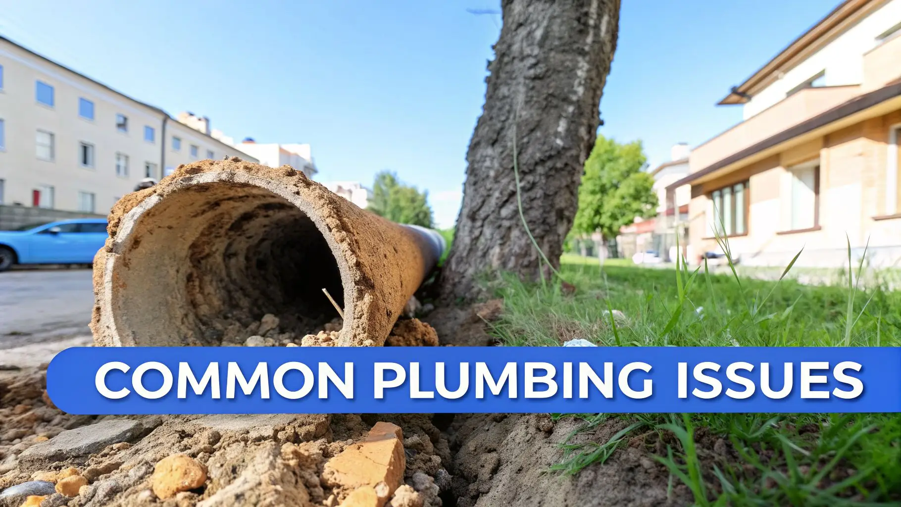 An old, exposed pipe lying in a trench near a tree and buildings, with 'COMMON PLUMBING ISSUES' text.