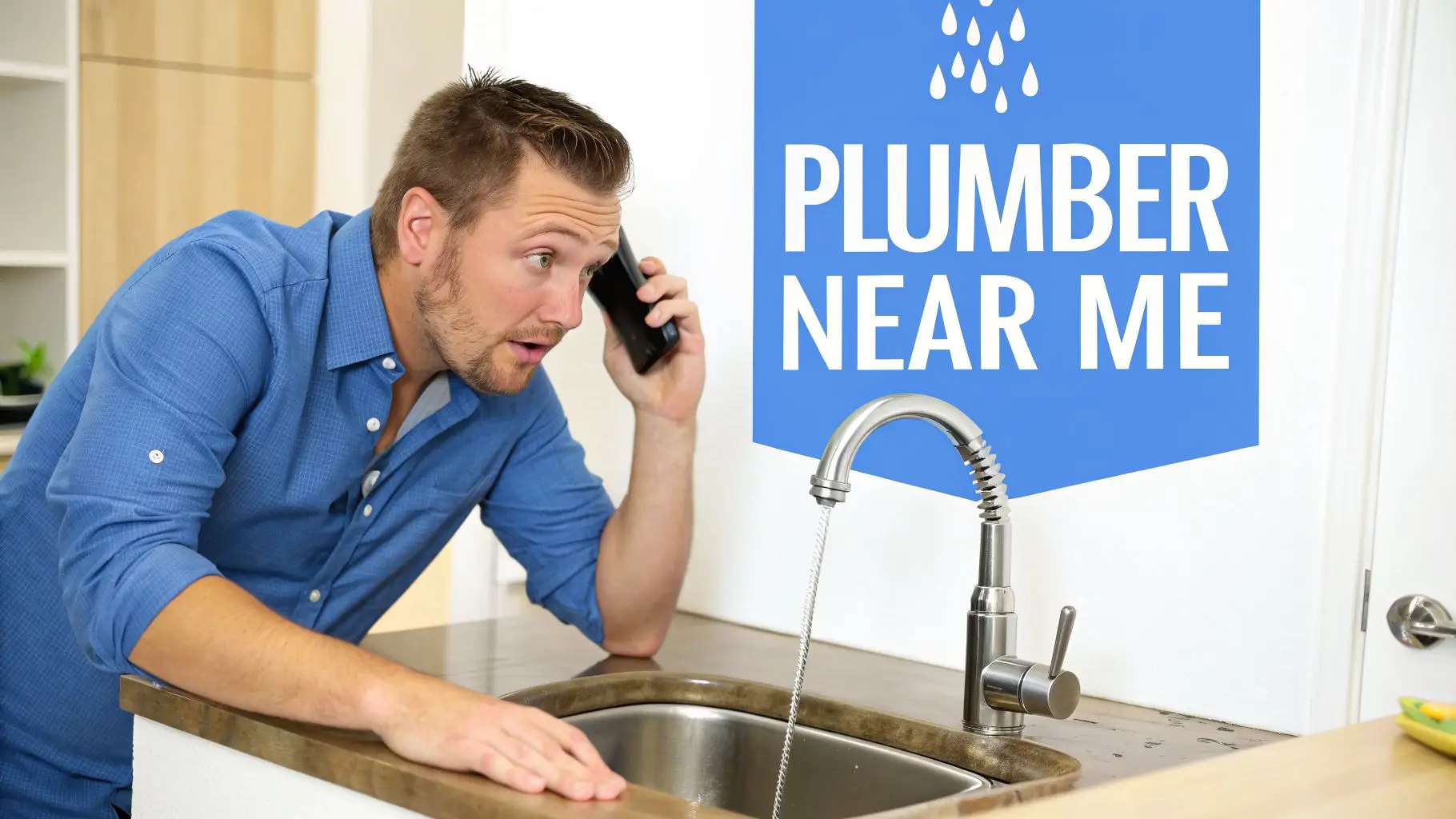 A concerned man calls for a plumber on his phone while looking at a running kitchen faucet.