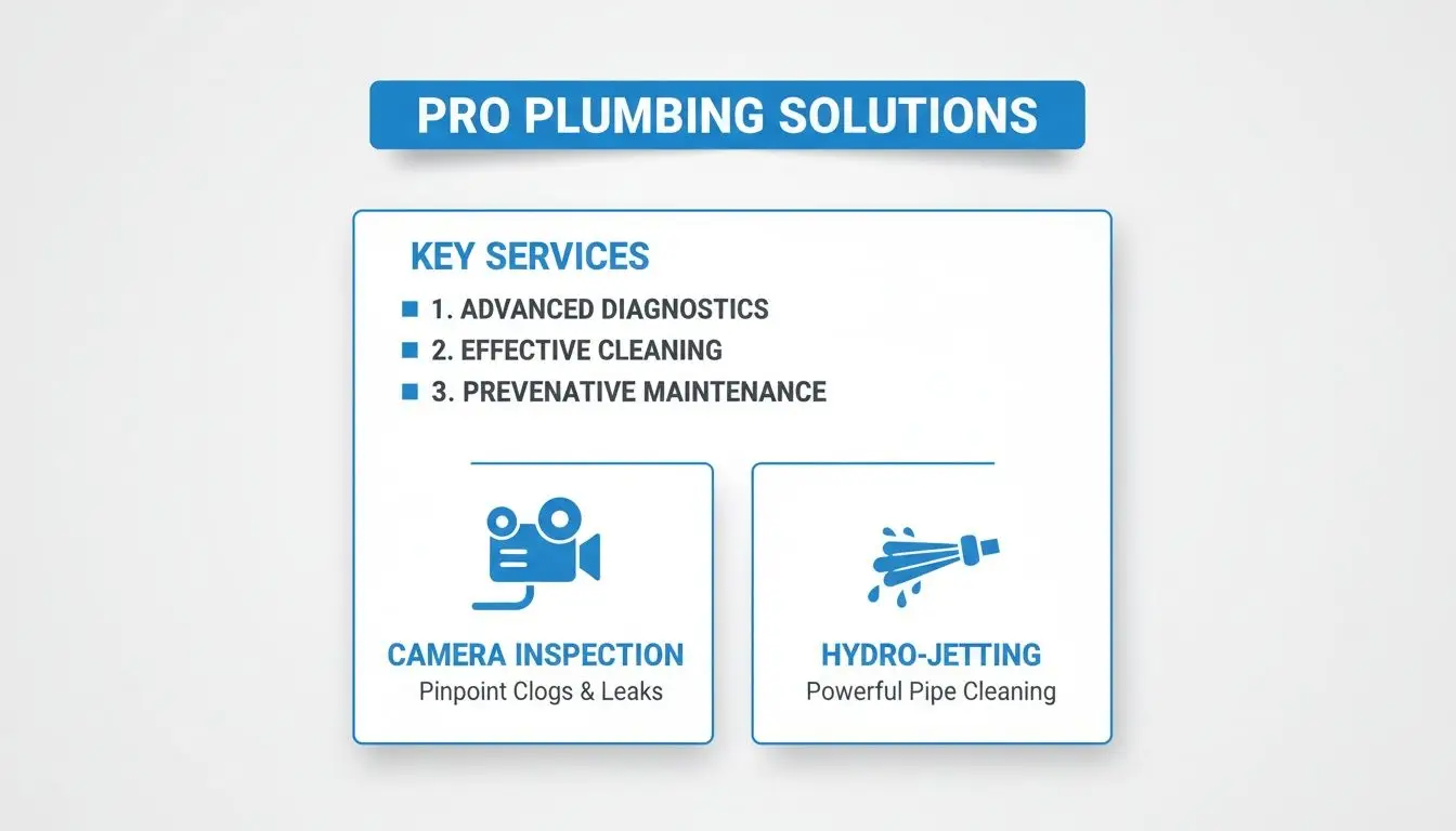 PRO PLUMBING SOLUTIONS outlines key services including advanced diagnostics, camera inspection, and hydro-jetting for pipe cleaning.