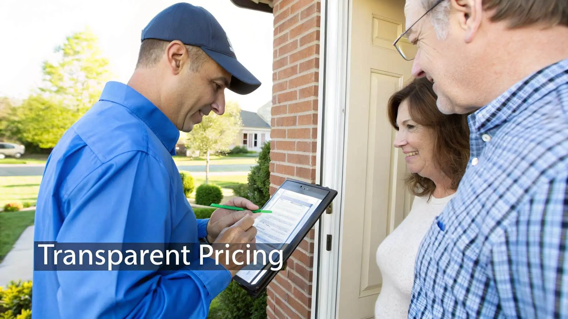 A service technician shows transparent pricing on a tablet to a smiling couple at their home.