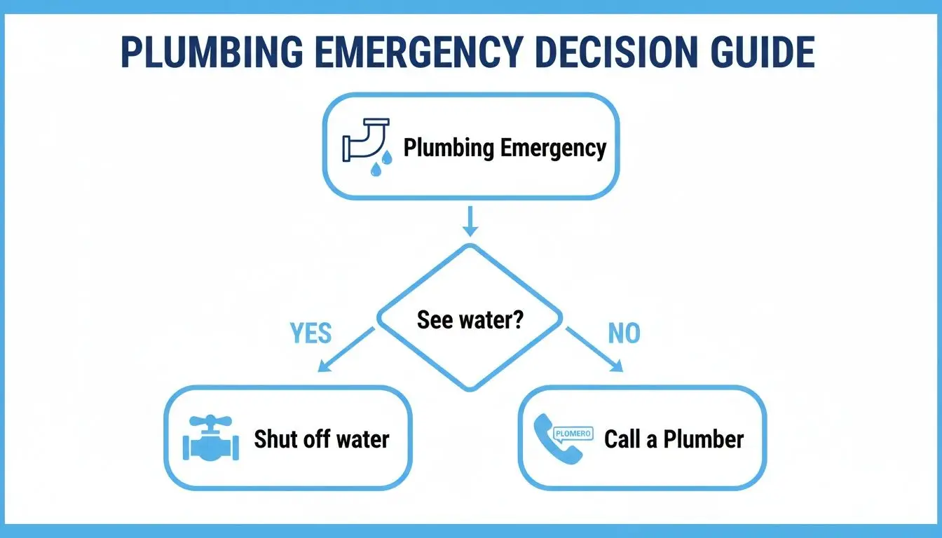 Flowchart guiding users on what to do during a plumbing emergency: shut off water if visible, otherwise call a plumber.