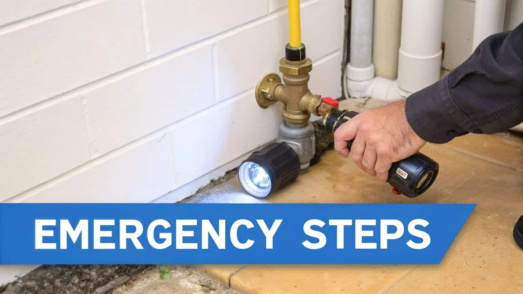 A person uses a flashlight to inspect a yellow gas pipe and valve, highlighting emergency steps for plumbing.