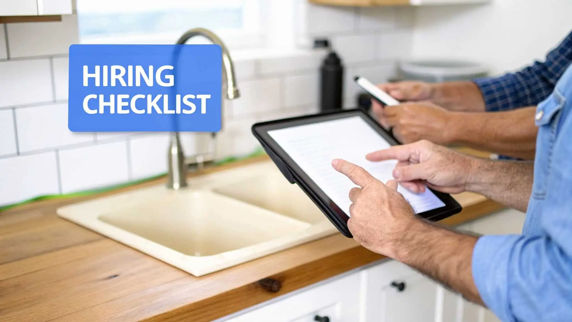 Two men reviewing a hiring checklist on a digital tablet and smartphone in a bright kitchen.