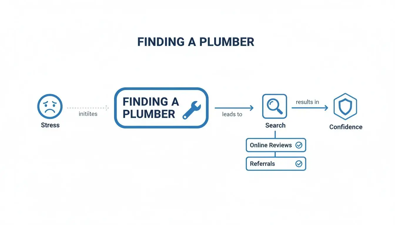 Flowchart illustrating the process of finding a plumber, leading from stress to confidence through search, online reviews, and referrals.
