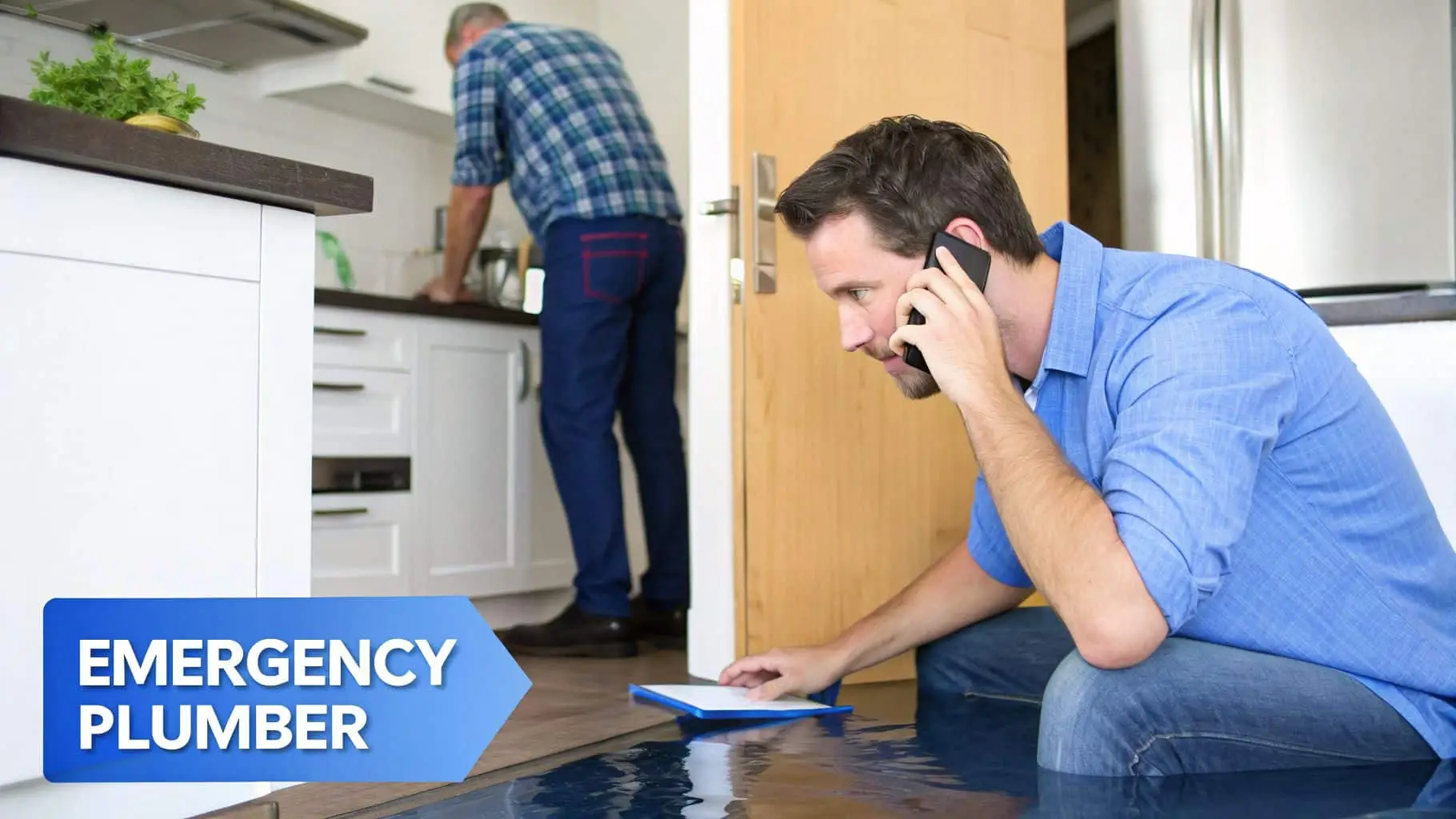 Distressed man on phone in flooded kitchen as an emergency plumber fixes the problem.