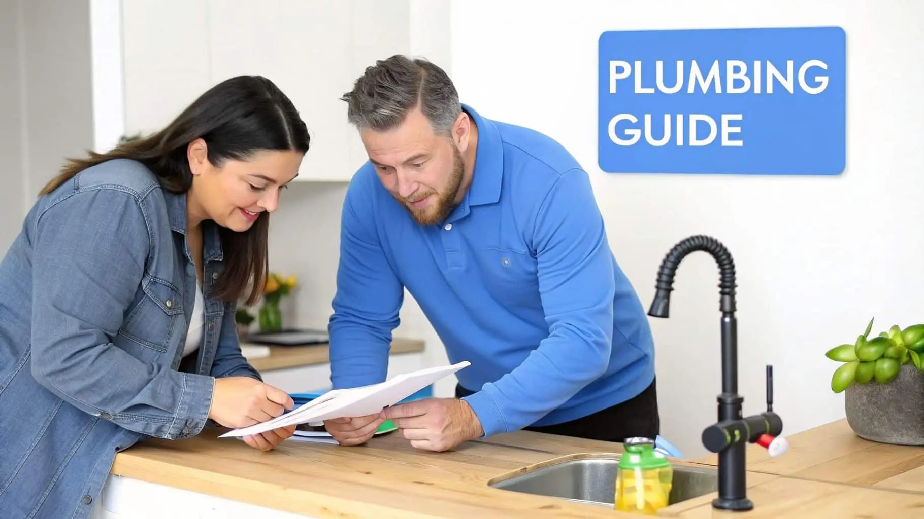 Man and woman reviewing plumbing documents in a modern kitchen with a sink and faucet.