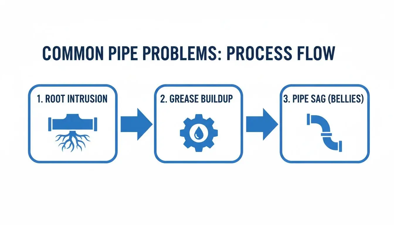 A process flow diagram illustrating common pipe problems: root intrusion, grease buildup, and pipe sag.