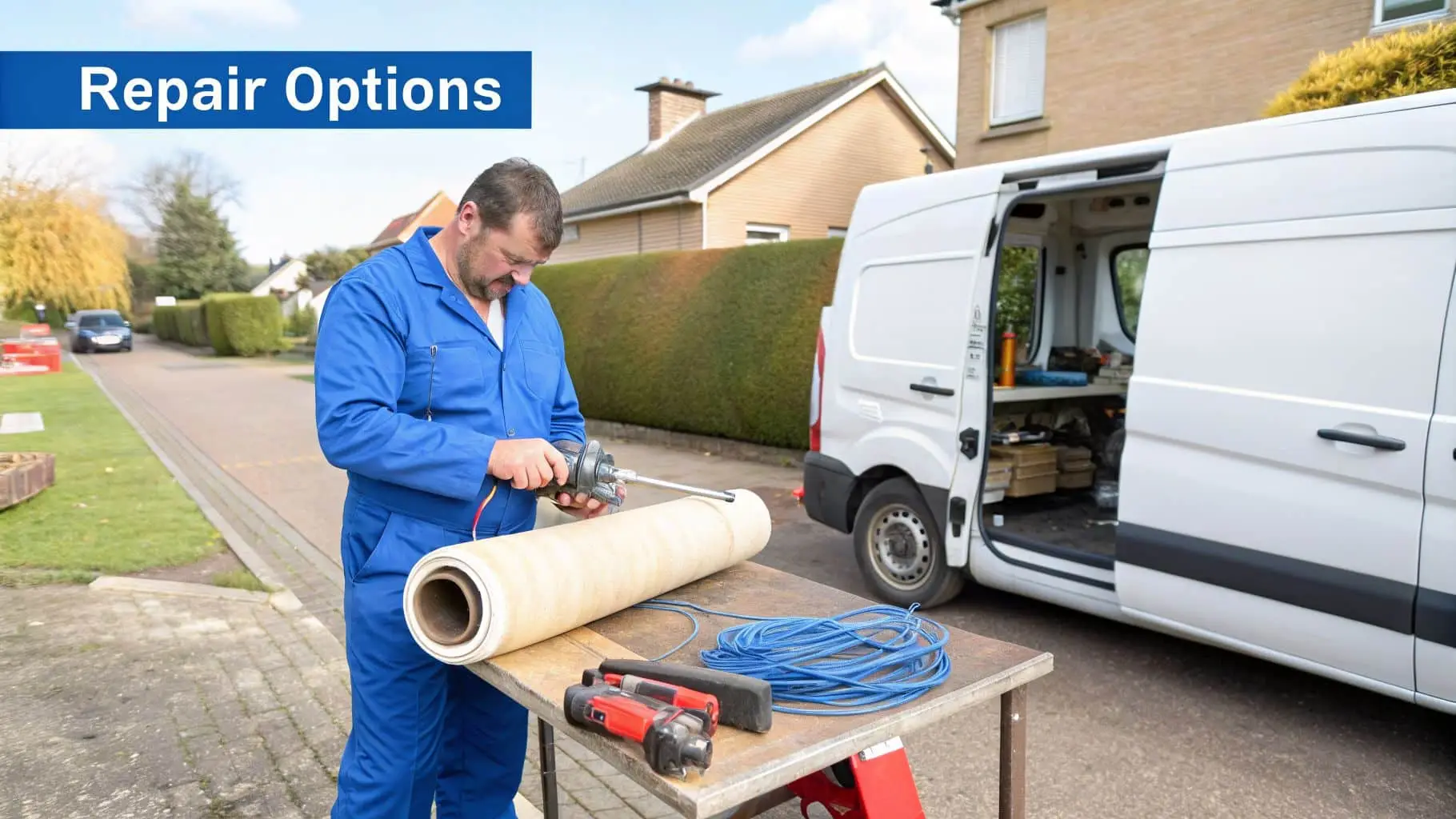 A technician in blue overalls prepares a pipe liner with tools next to his service van.