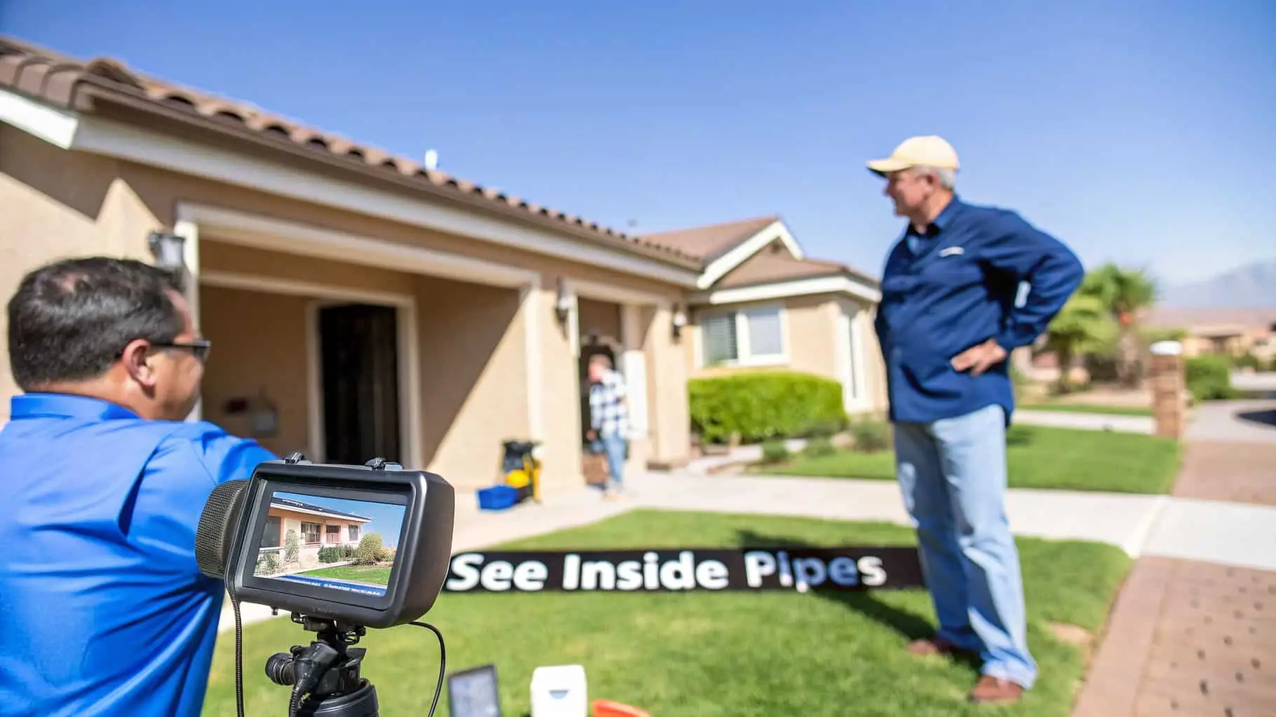 A professional performs a sewer camera inspection outside a house, displaying results on a monitor.