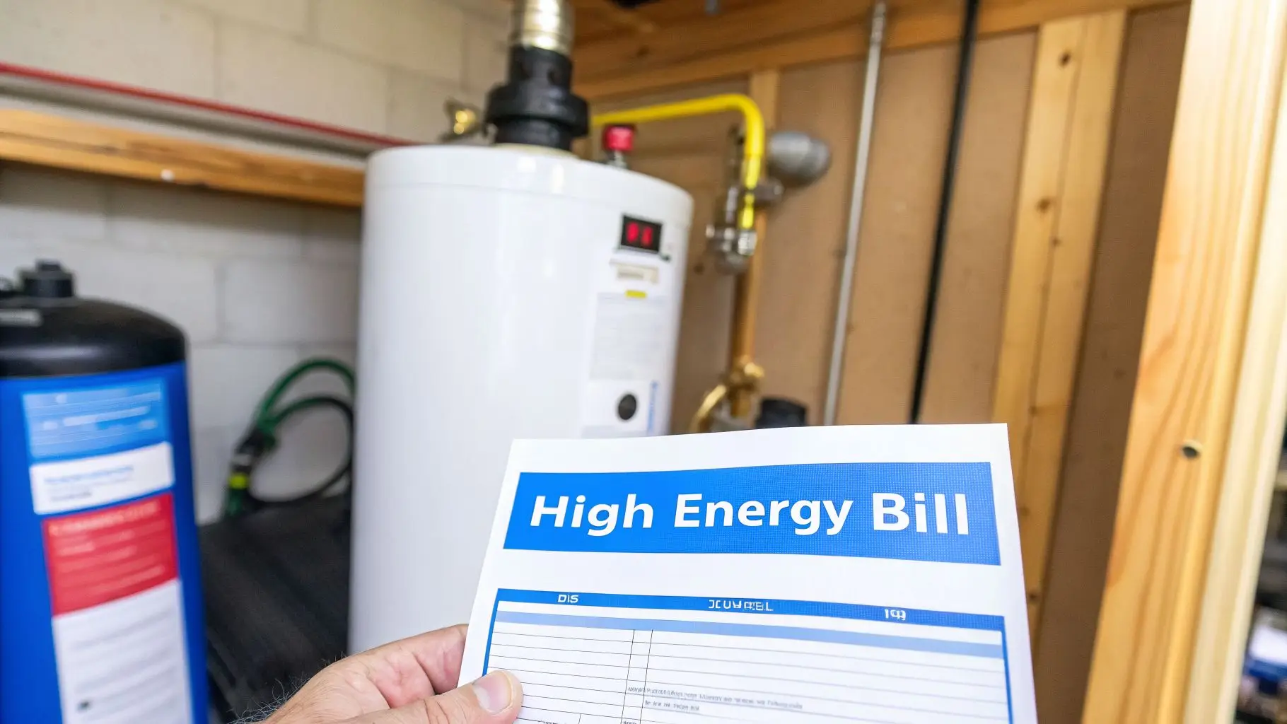 A person holds a 'High Energy Bill' paper in front of a water heater, symbolizing rising utility costs.