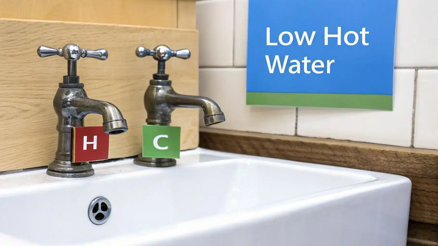 Two vintage faucets over a white sink, with 'H' and 'C' labels and a 'Low Hot Water' sign.
