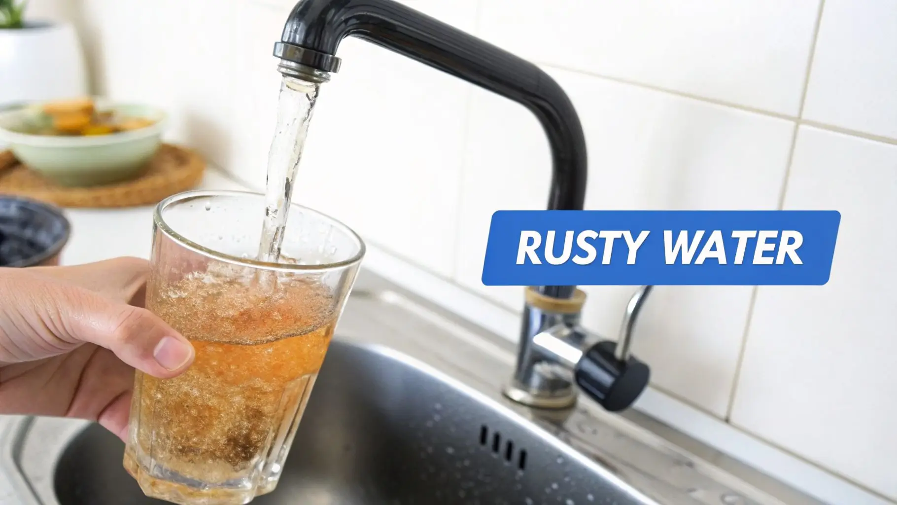 A hand holds a glass being filled with rusty brown water from a kitchen faucet, labeled 'RUSTY WATER'.