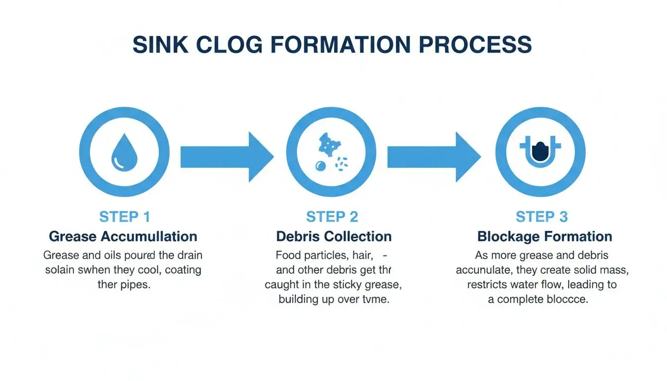 A 3-step diagram illustrating the process of sink clog formation from grease accumulation and debris.