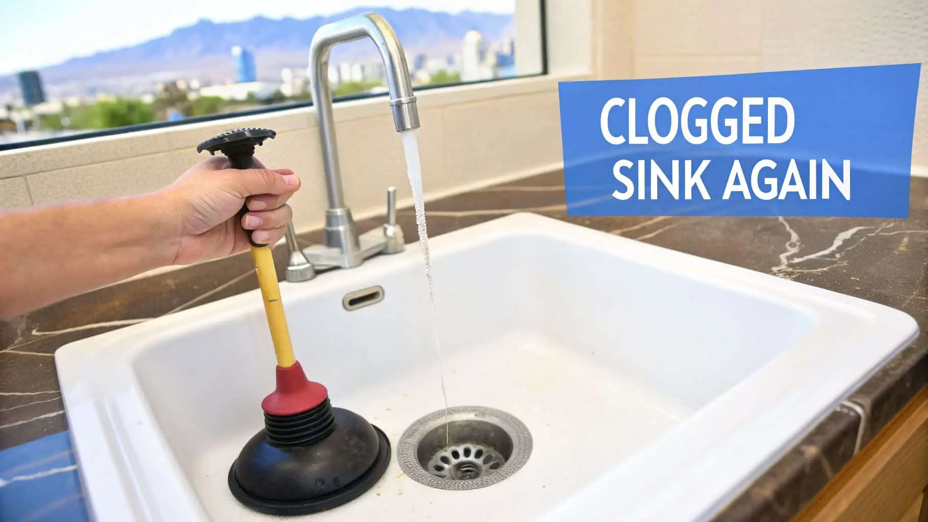 A person's hand holds a plunger next to a white kitchen sink with running water, indicating a clog.