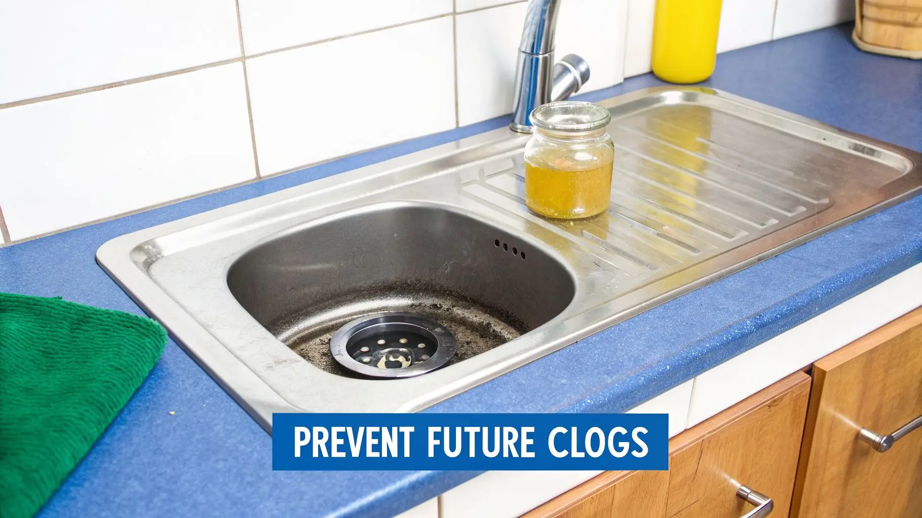 A kitchen sink with a jar of used cooking oil on the counter, next to a dirty drain.