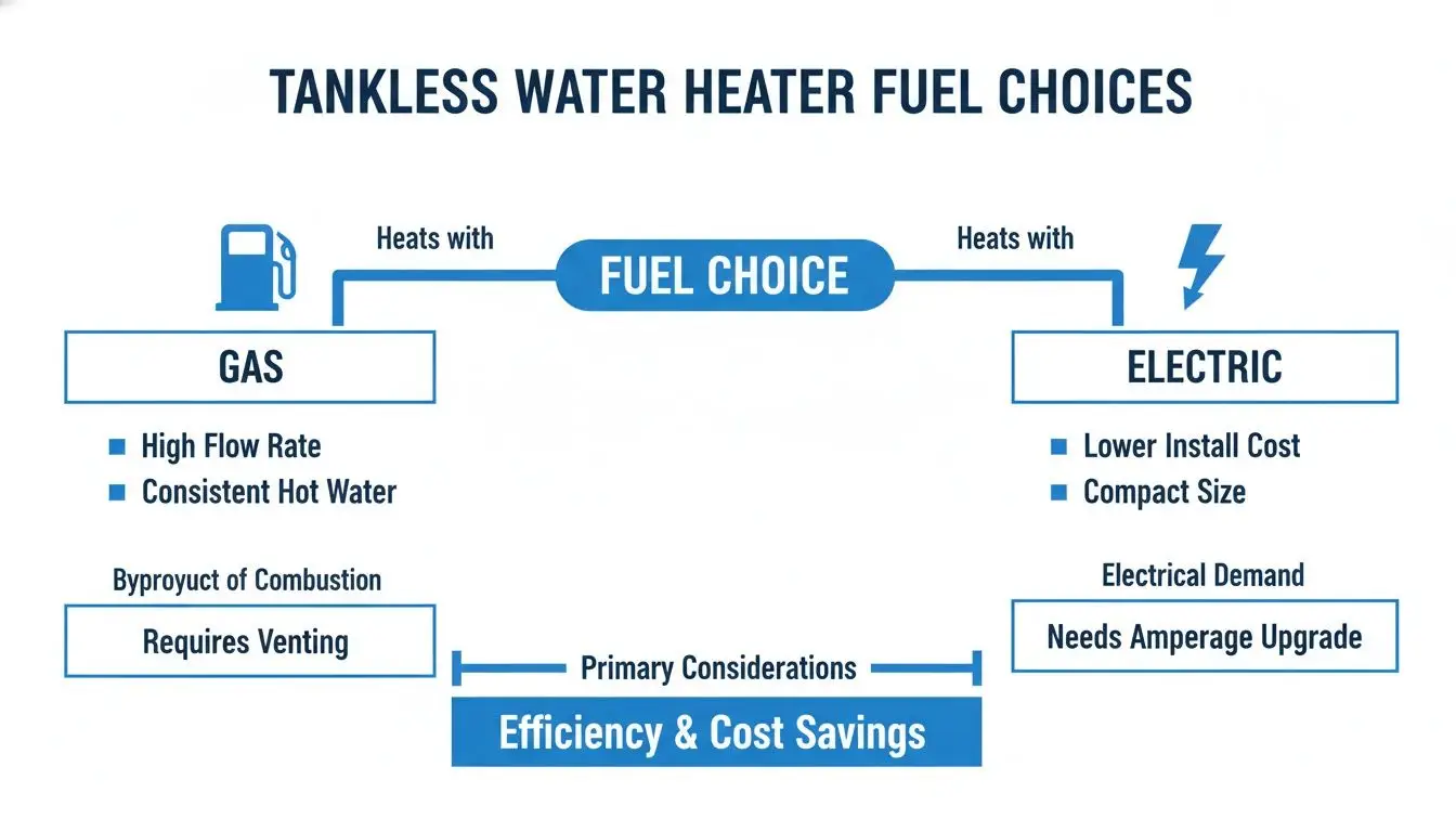 Infographic comparing gas and electric tankless water heater fuel choices, listing features and considerations.
