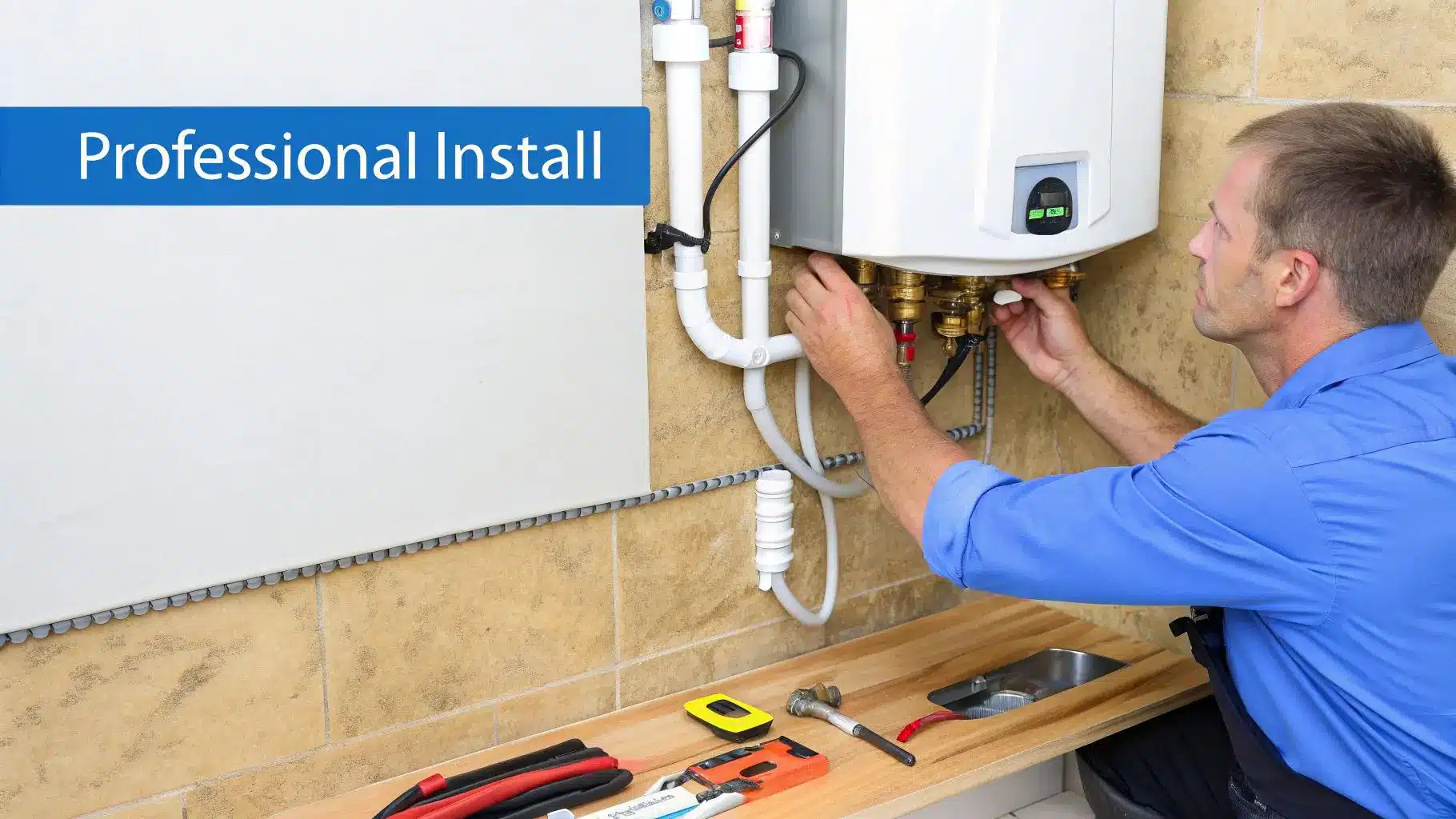 A professional plumber installs a white tankless water heater on a tiled wall, ensuring proper setup.