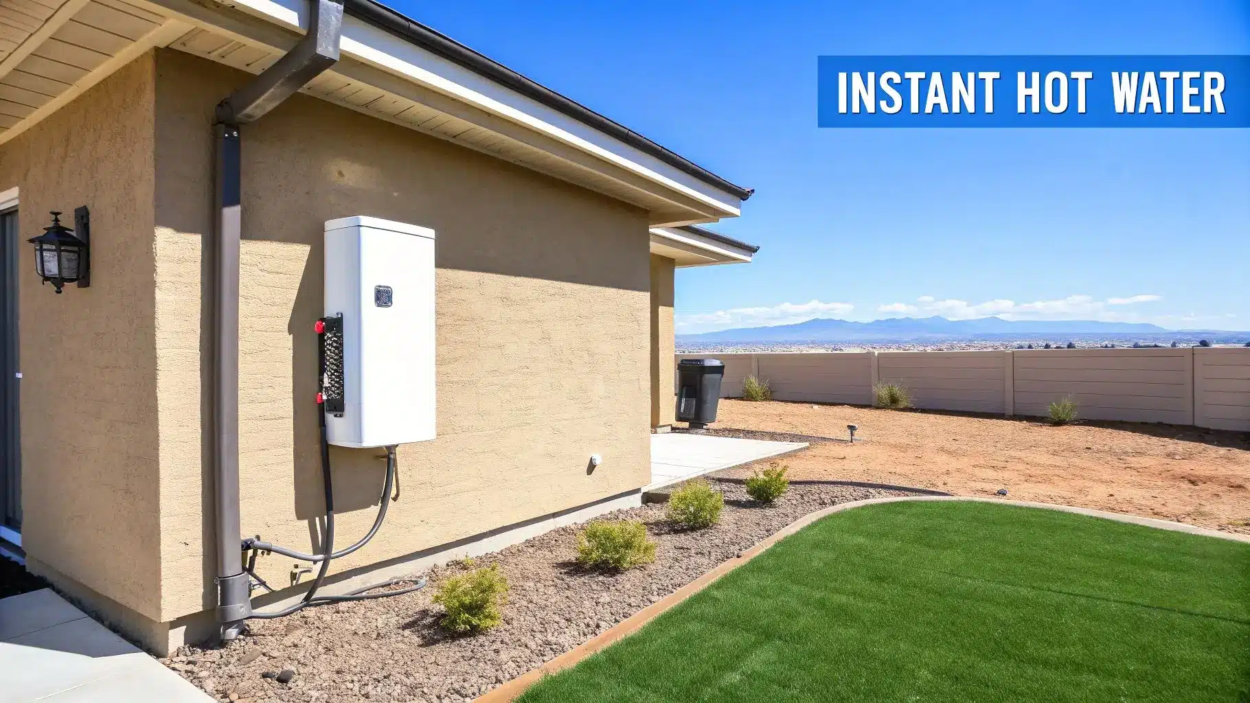 A house exterior features a white tankless water heater, a green lawn, and a desert landscape with mountains.