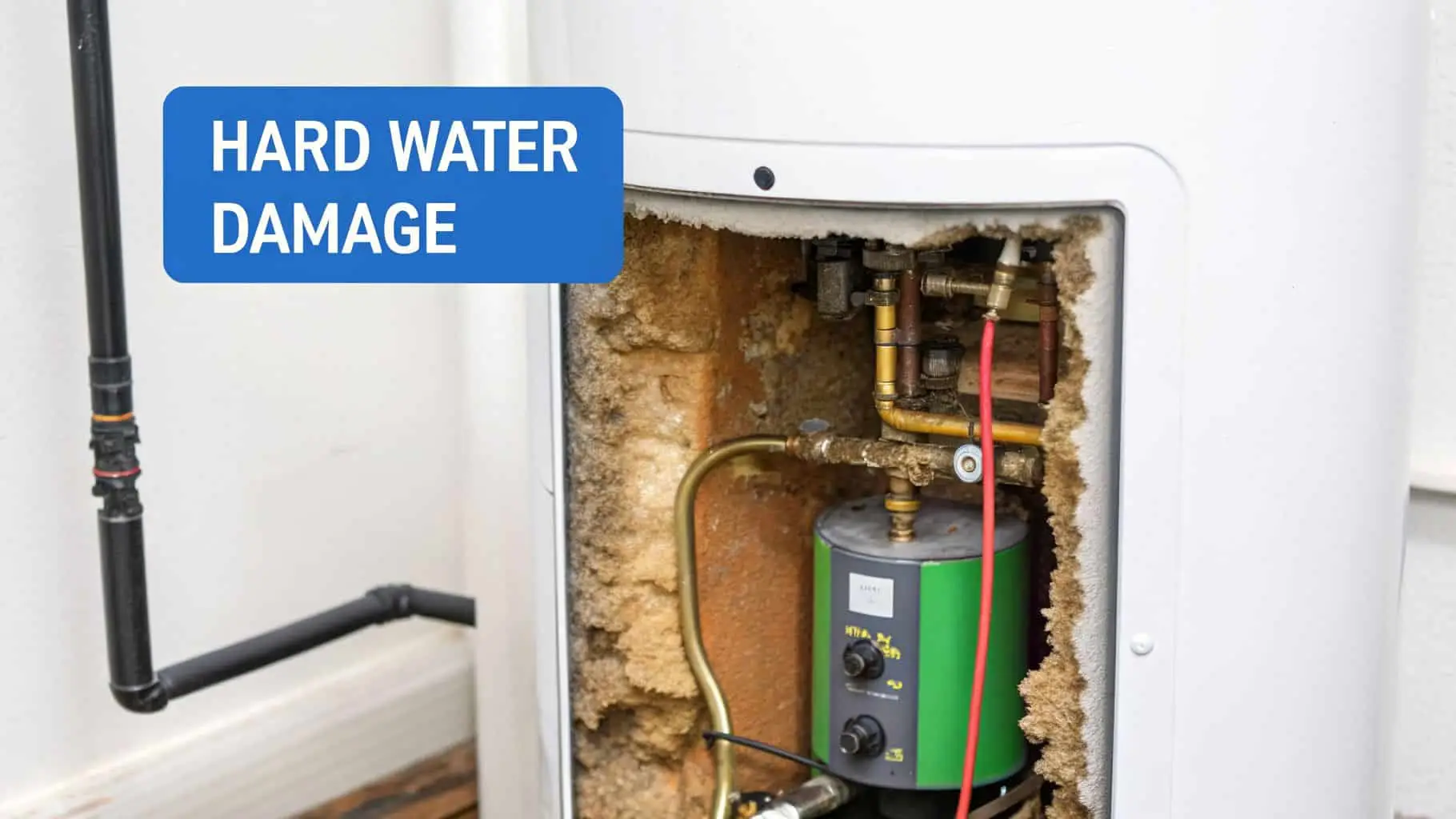 Close-up of a residential water heater's internal components, showing significant hard water damage and scale buildup.