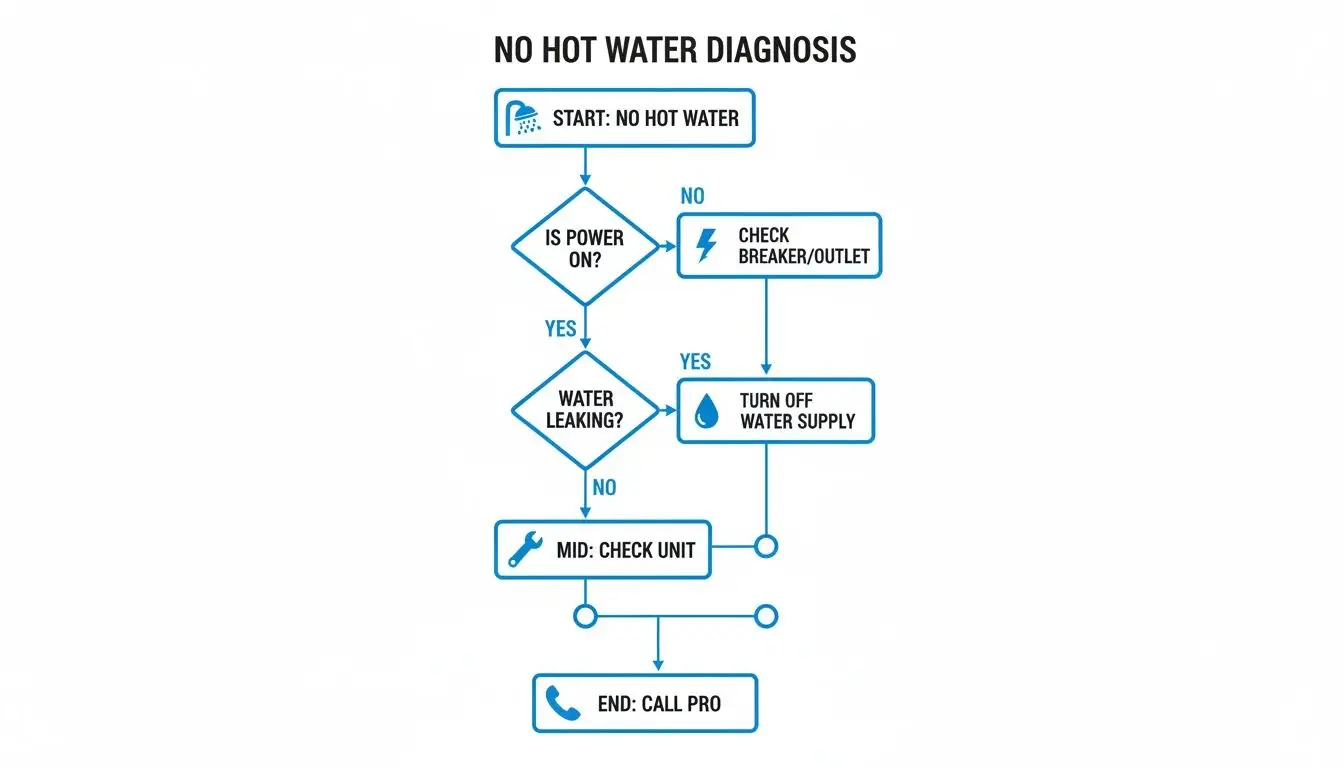 Flowchart for no hot water diagnosis, guiding users through power, leak, and unit checks.