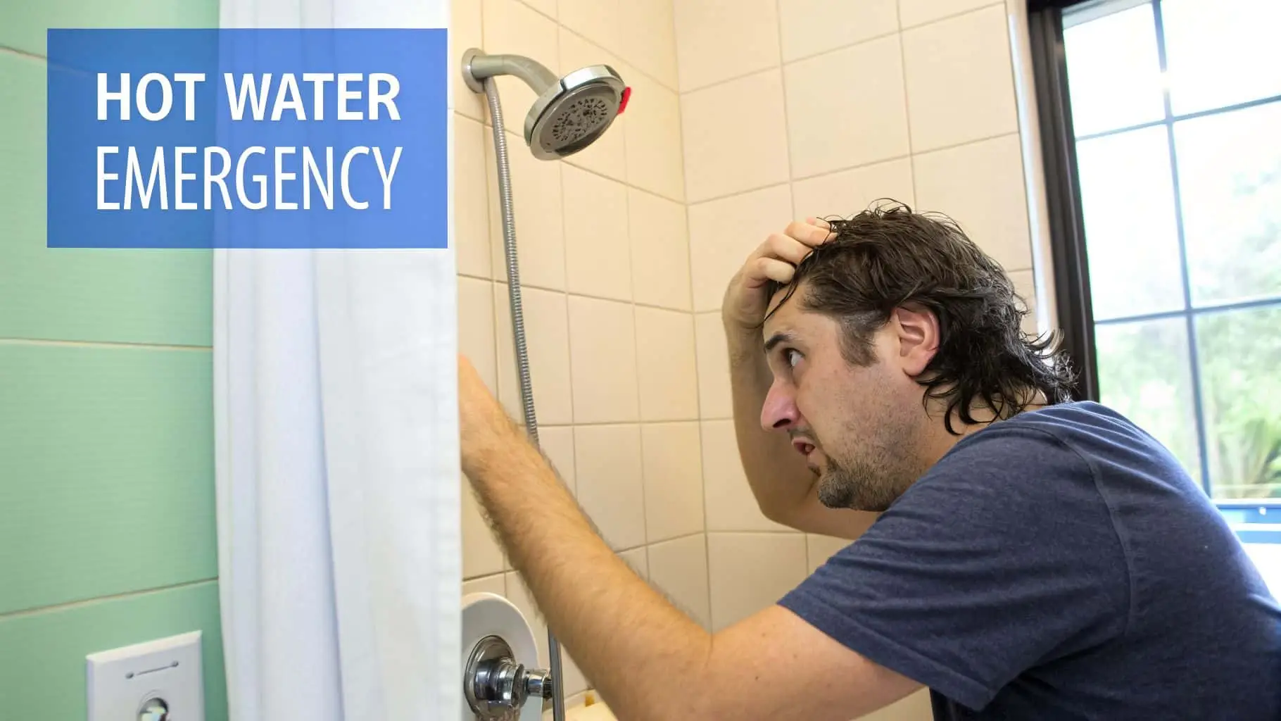 A frustrated man with wet hair in a shower, facing a hot water emergency.