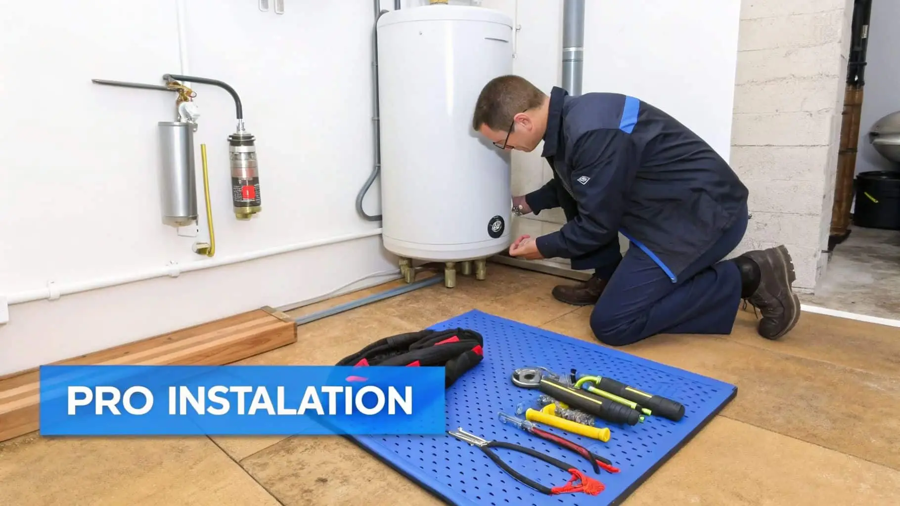 A technician on his knees inspecting a new white water heater in a utility room with tools on a blue mat.
