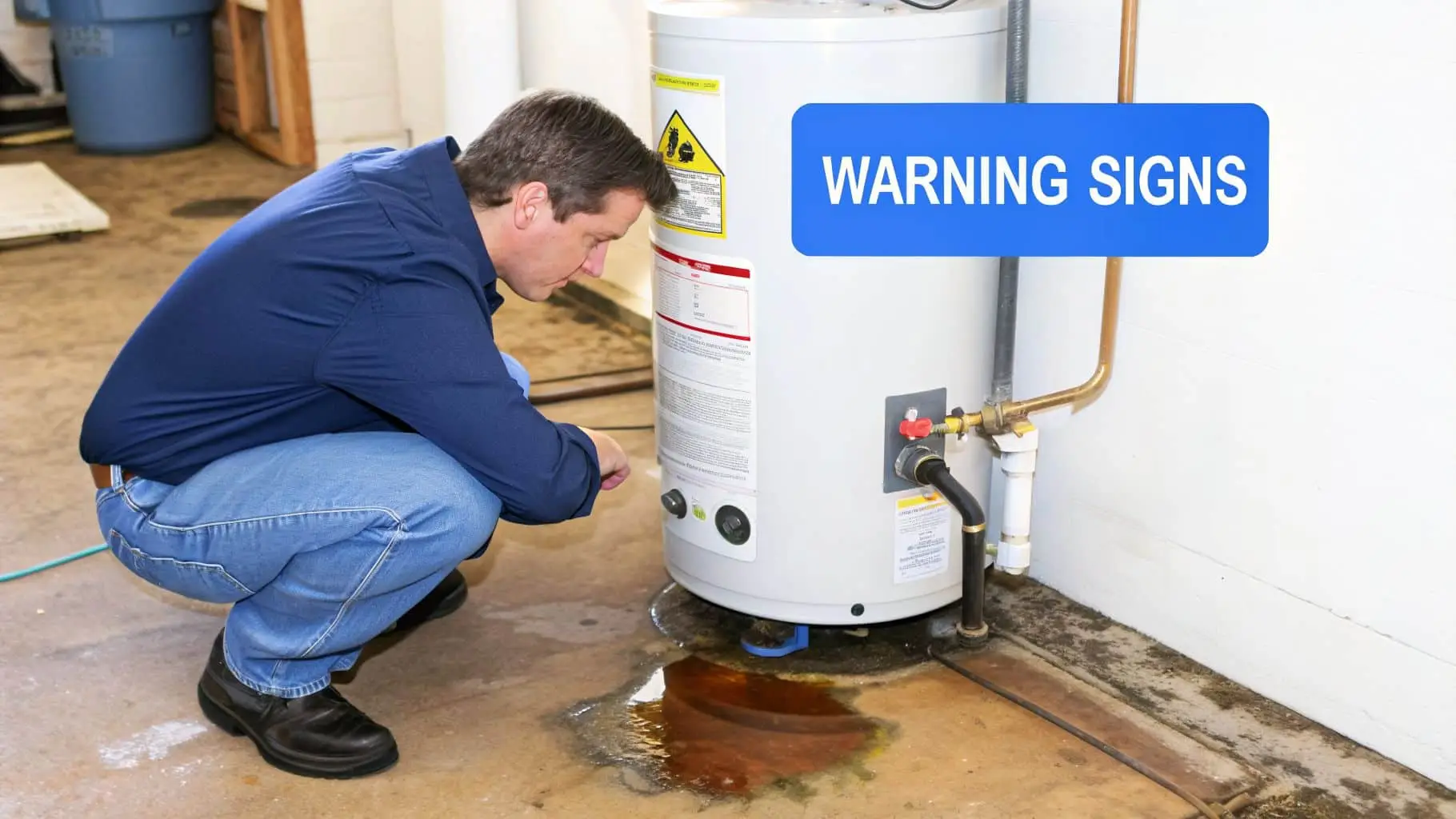 A man inspecting a leaking water heater with rusty water on the floor and a "WARNING SIGNS" banner.