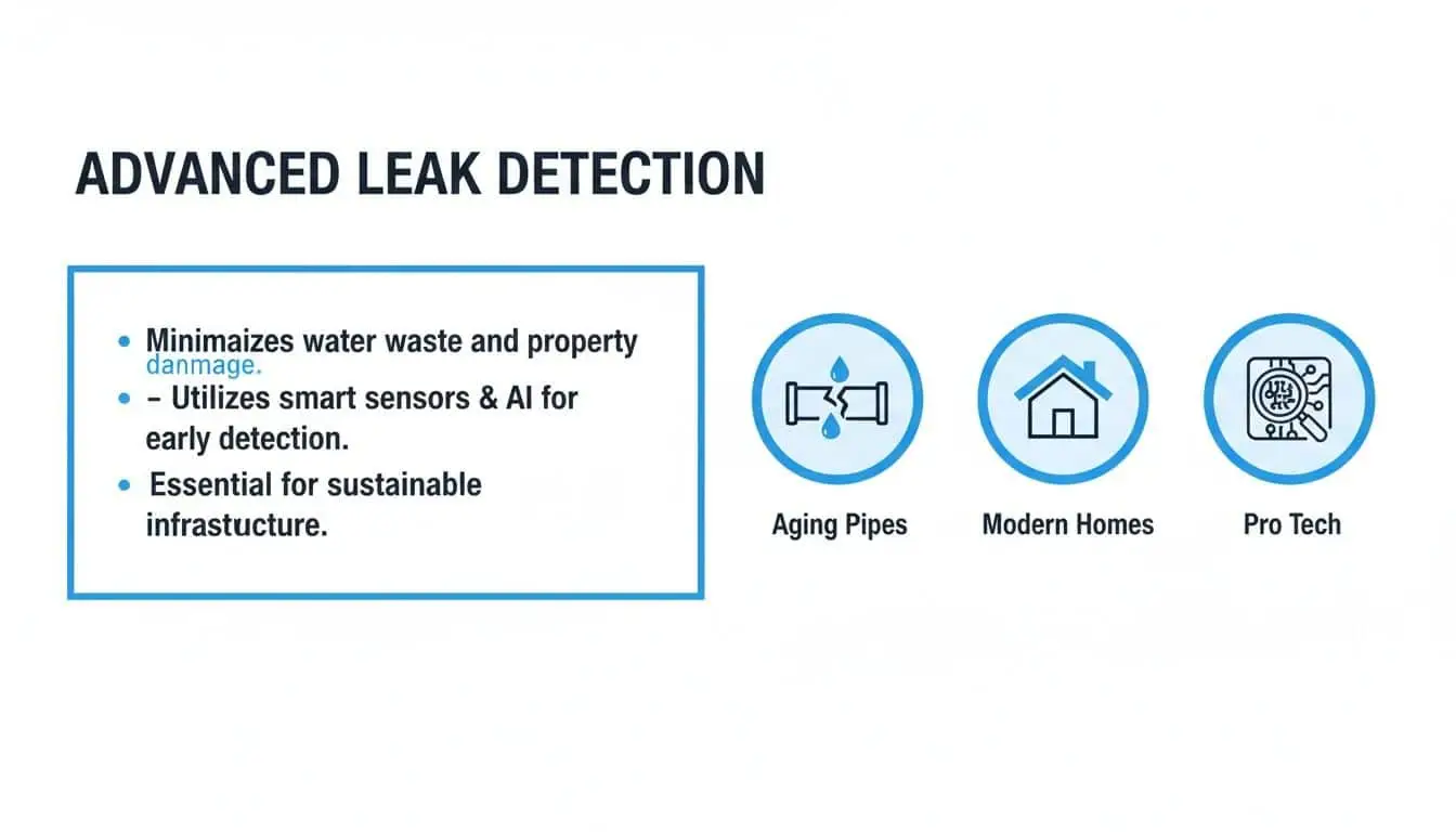 An infographic detailing advanced leak detection, highlighting benefits, smart sensors, and applications for aging pipes and modern homes.