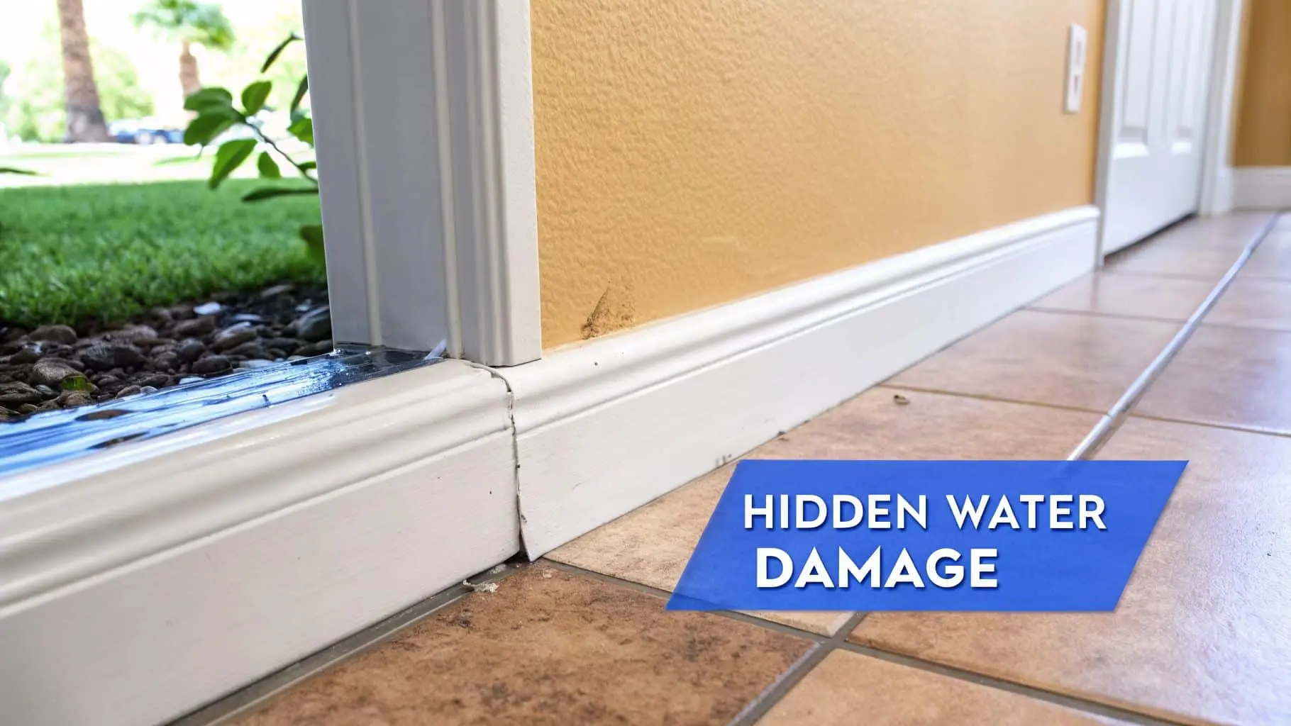 Close-up of water pooling at a doorway leading to a lawn, showing water damage to the indoor wall and baseboard.