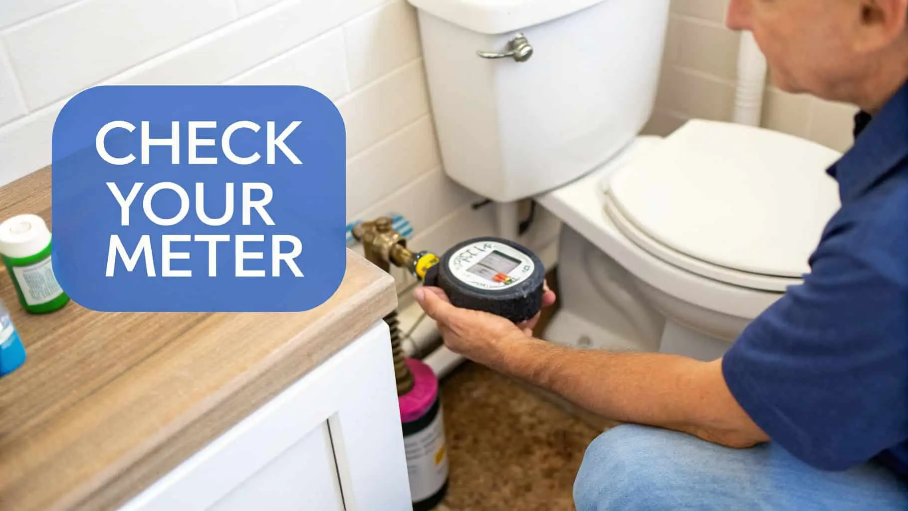 A person checking a water meter connected to a toilet, with a 'CHECK YOUR METER' sign.