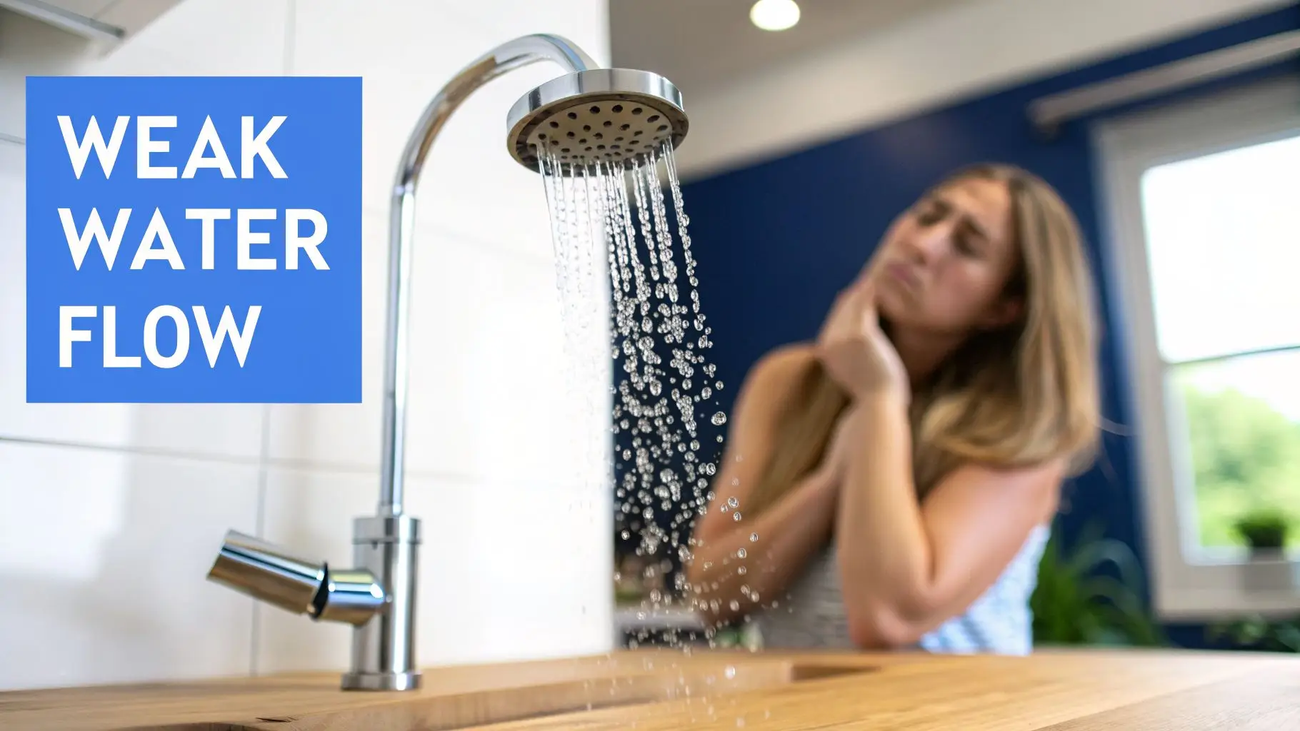 A distressed woman observes weak water flow from a modern kitchen faucet with text overlay.