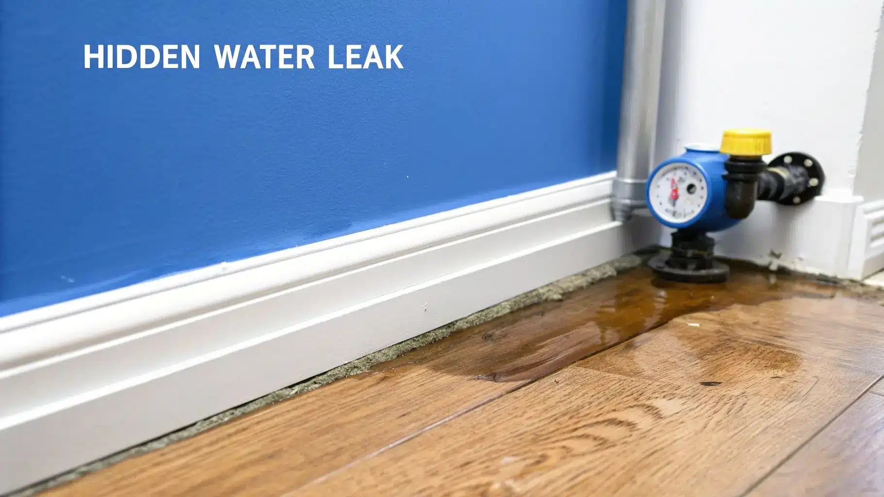 A hidden water leak soaking a wooden floor and baseboard next to a water pressure gauge.