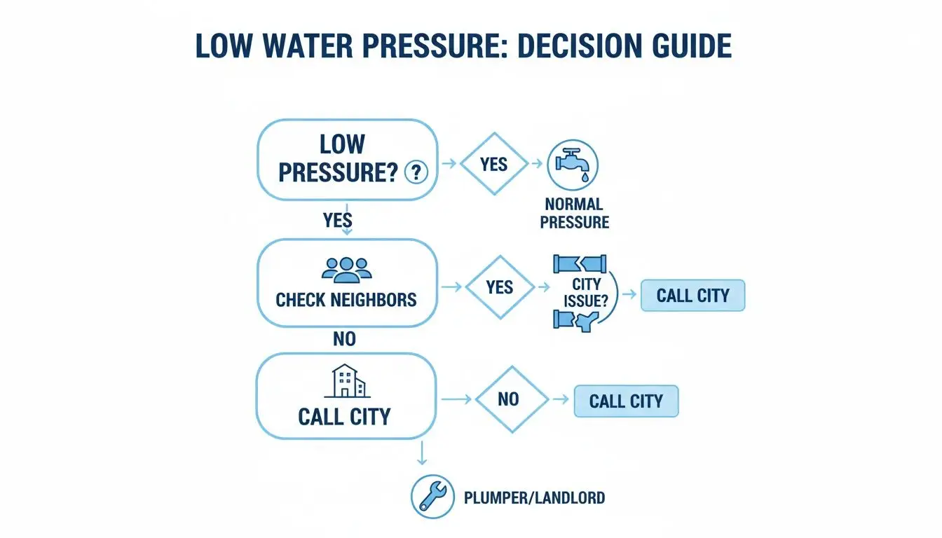 Decision guide flowchart for low water pressure, detailing steps to check neighbors, call the city, or contact a plumber.